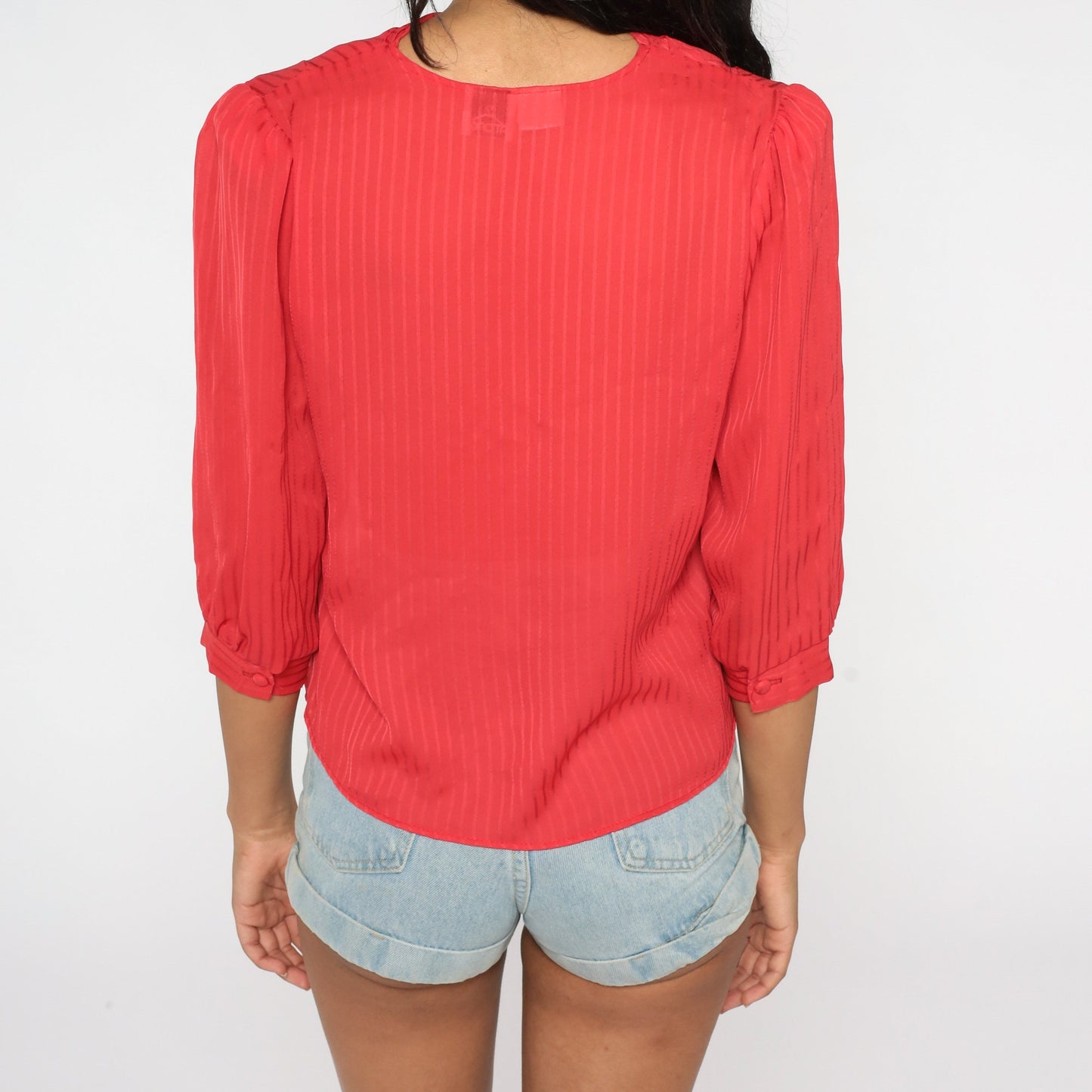 80s Red Cowl Neck Blouse Puff Sleeve Semi Sheer Party Top Medium