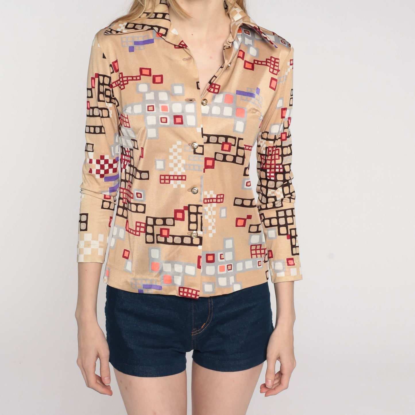 70s Psychedelic Geometric Print Button-Up Blouse Beige Long Sleeve Extra Small