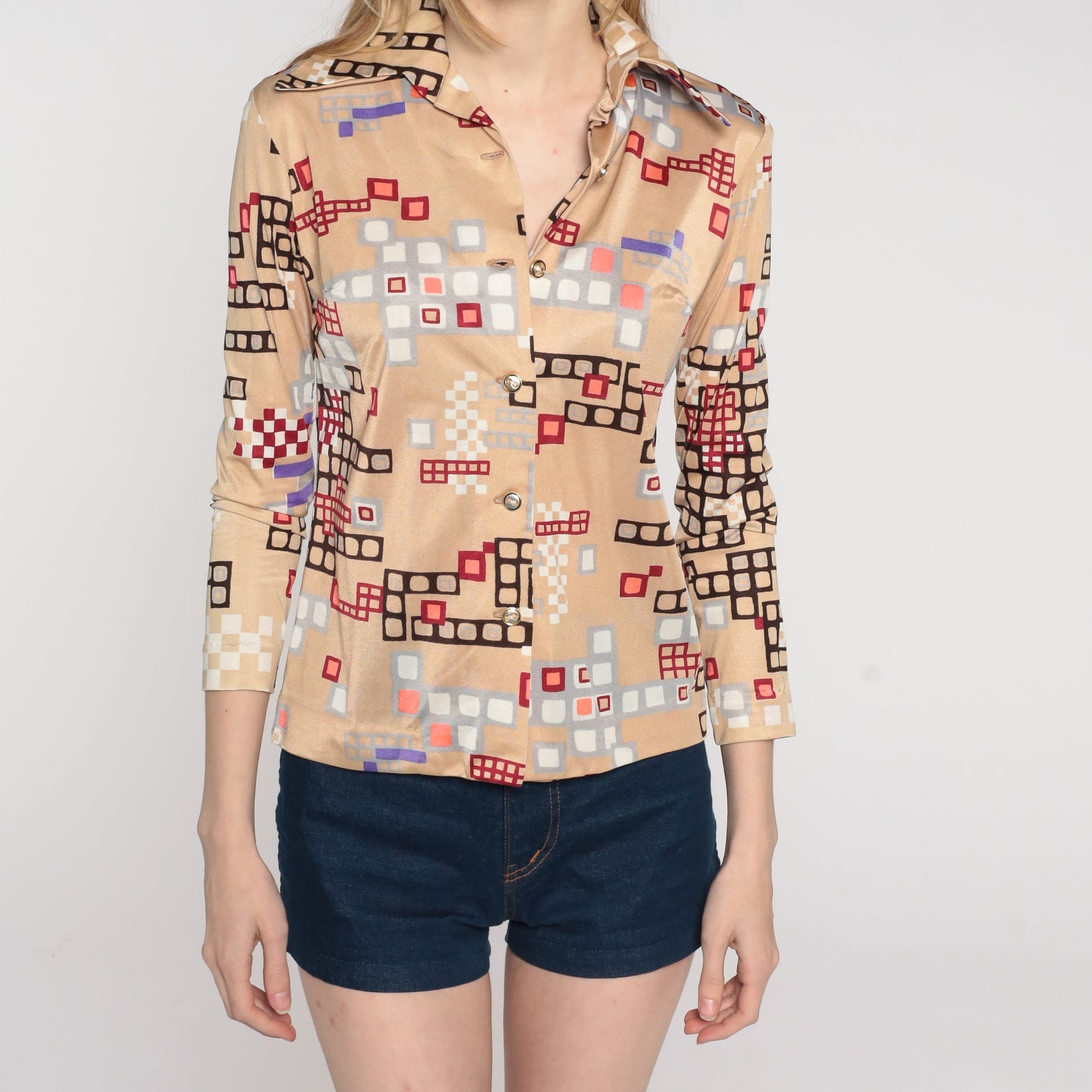 70s Psychedelic Geometric Print Button-Up Blouse Beige Long Sleeve Extra Small