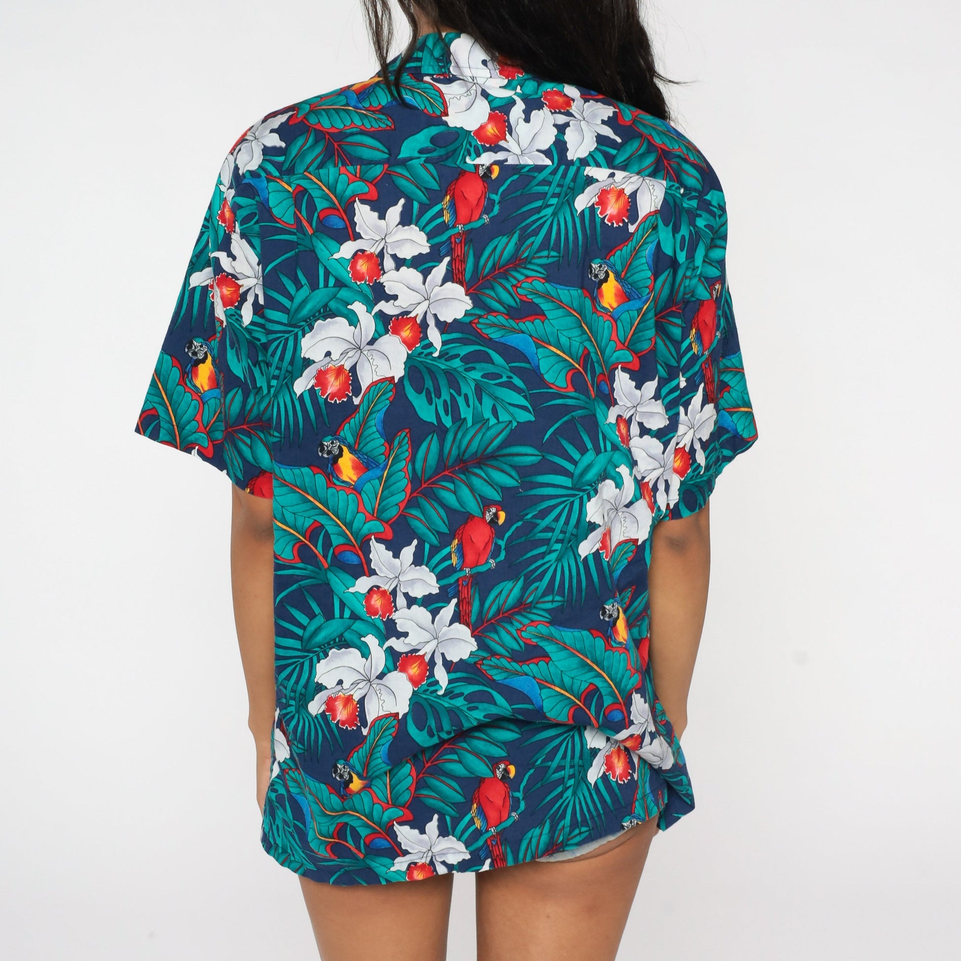 80s Hawaiian Shirt Blue Tropical Floral Parrot Print Cotton Button-Up Large L
