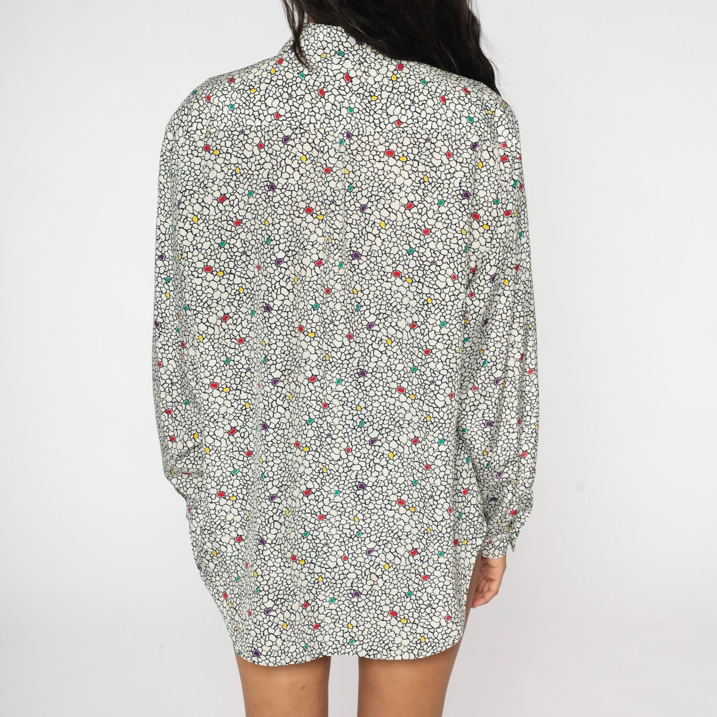 80s Abstract Pebble Print Button-Up Blouse Black White Dots Long Sleeve Extra Large