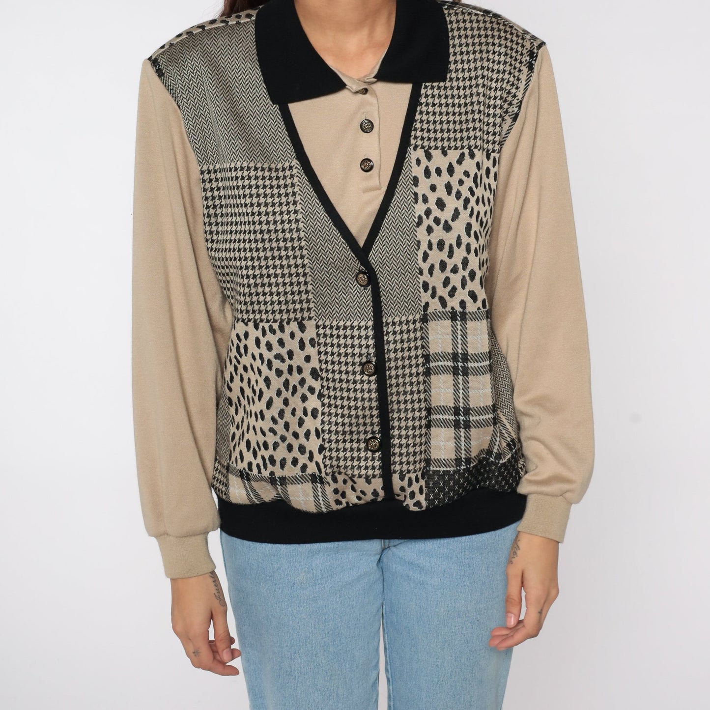 80s Patchwork Sweatshirt with Attached Vest Plaid Houndstooth Leopard Large L