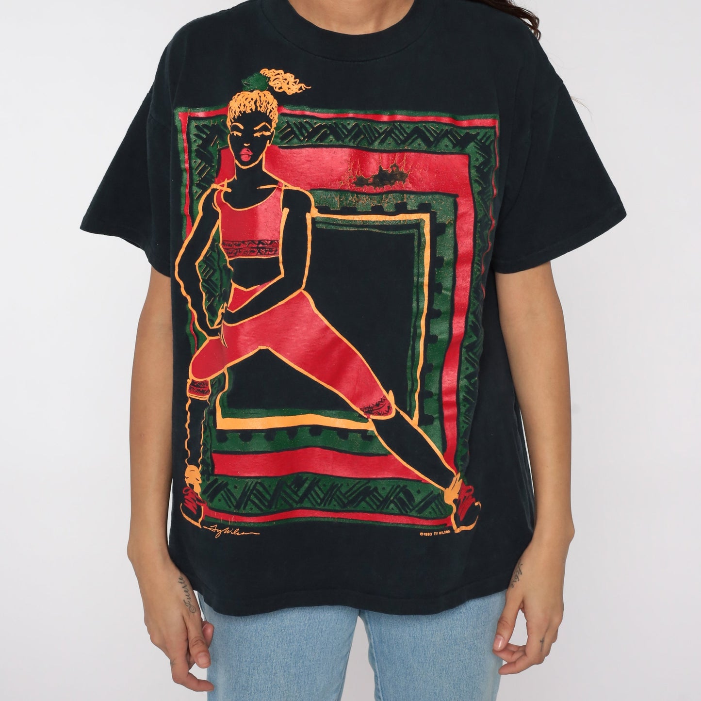 90s Ty Wilson Female Athlete Graphic T-Shirt Black Cotton Extra Large XL
