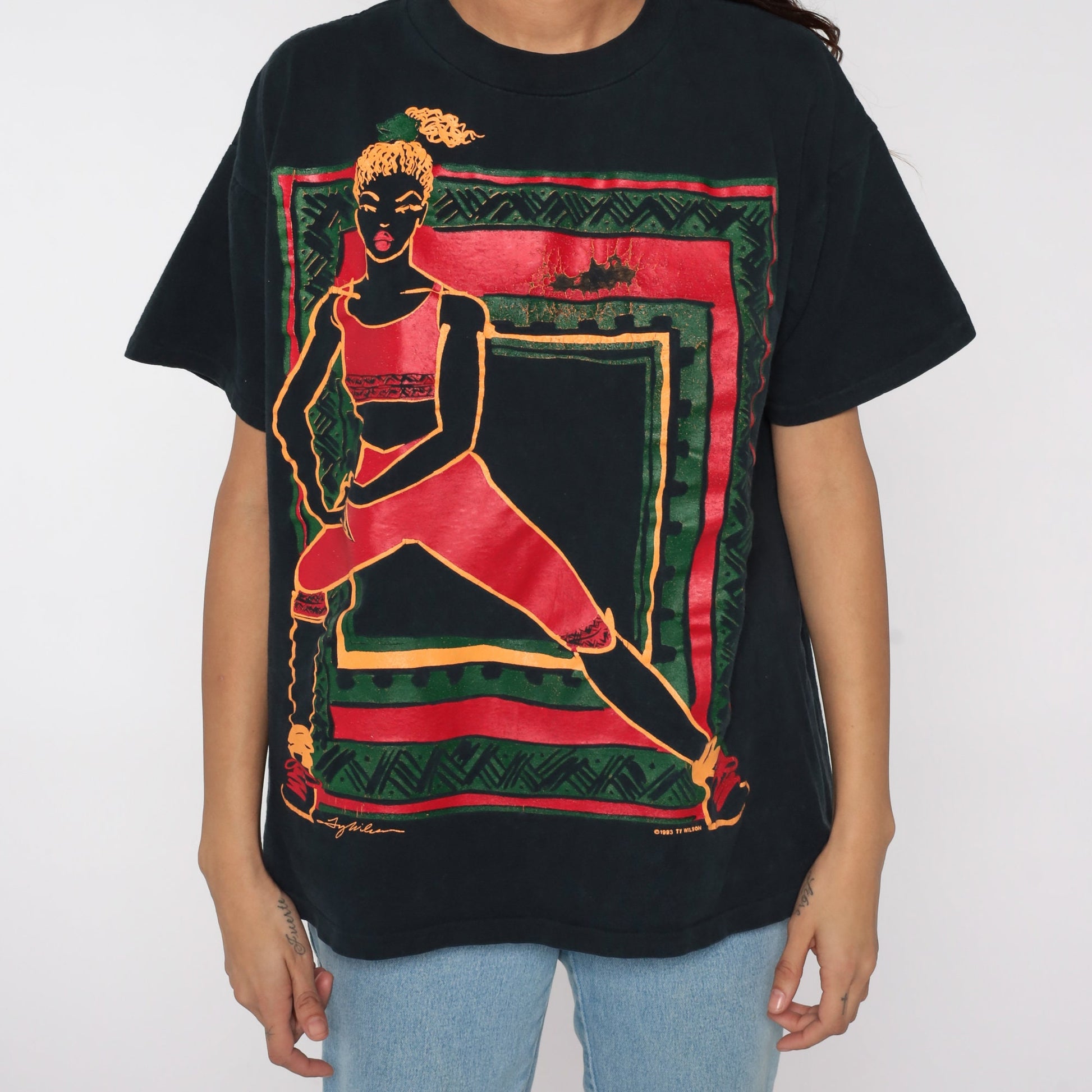 90s Ty Wilson Female Athlete Graphic T-Shirt Black Cotton Extra Large XL