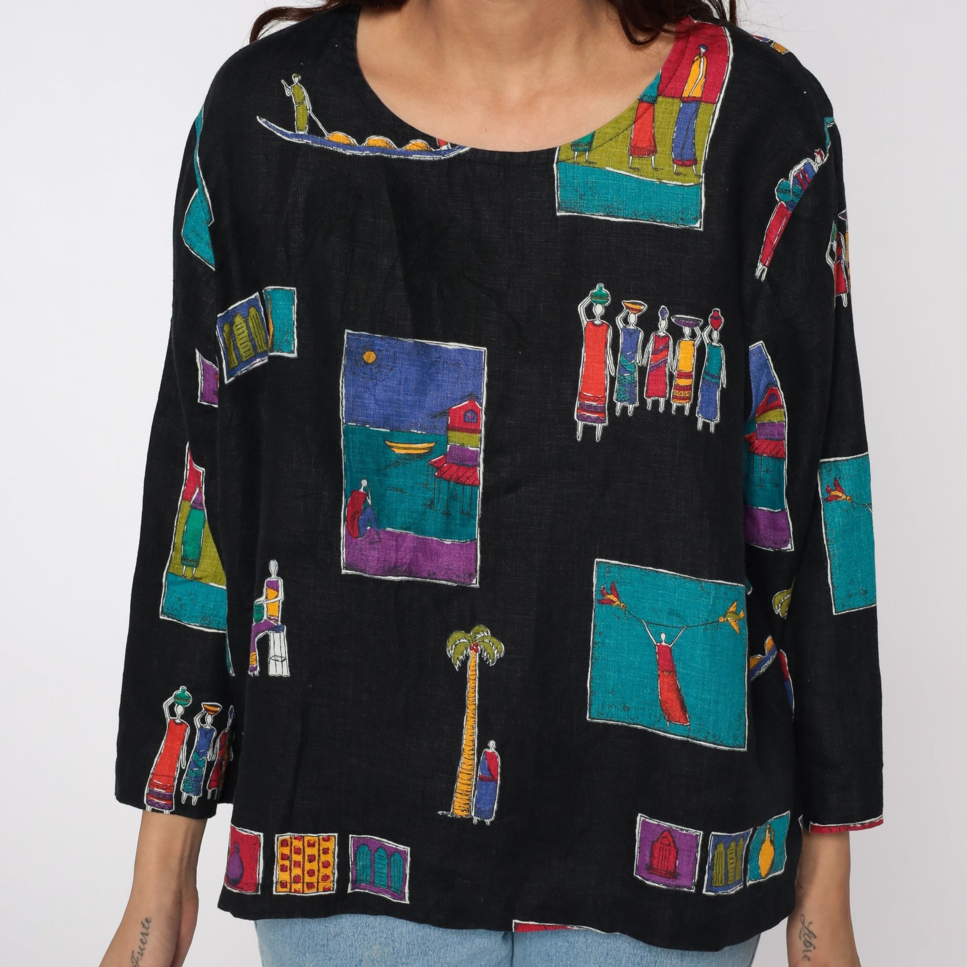 90s Village Print Black Blouse Long Sleeve Button Up Novelty Seaside Large L