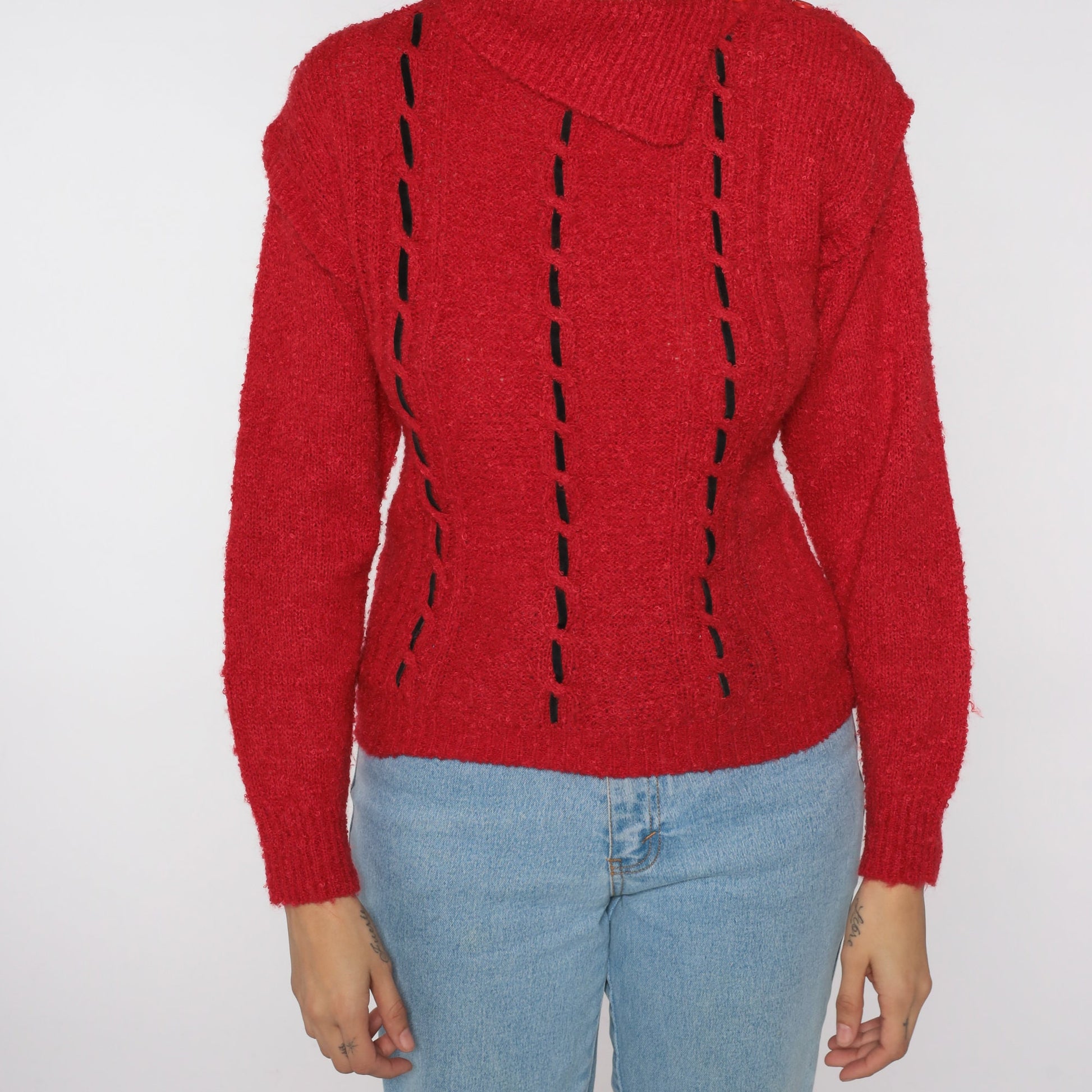 80s Red Knit Sweater Asymmetrical Collar Black Decorative Stitch Turtleneck Medium