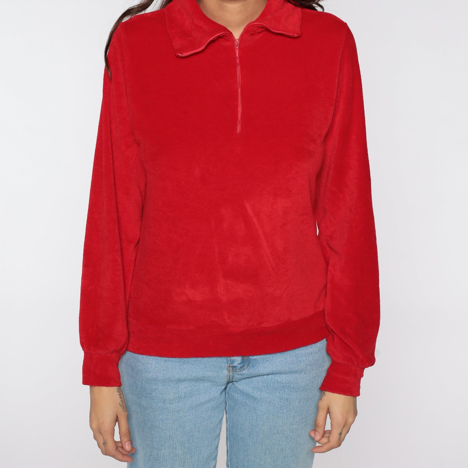 80s Wrangler Terry Cloth Quarter Zip Polo Red Long Sleeve Medium