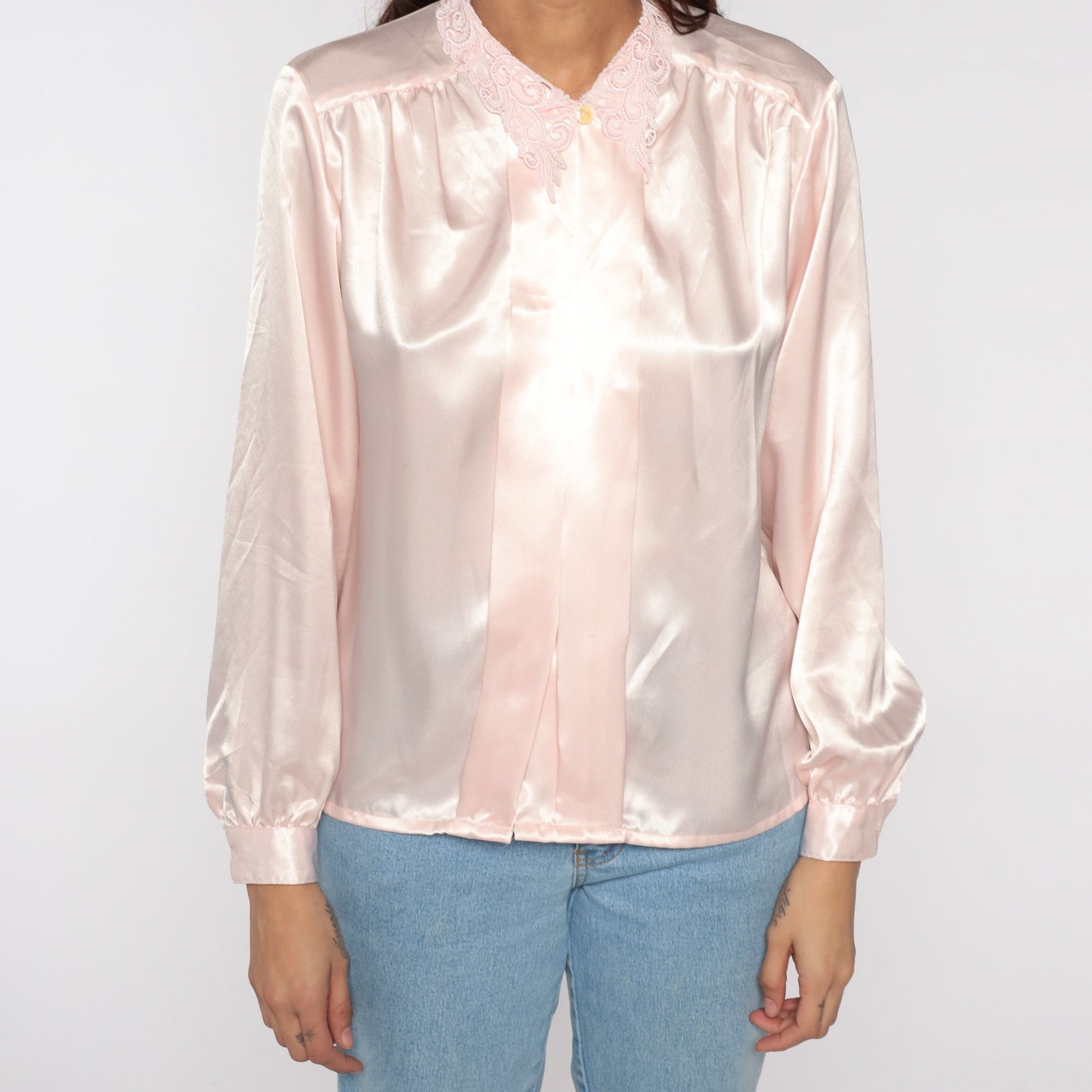 80s Baby Pink Satin Blouse Lace Collar Button Up Long Sleeve Medium