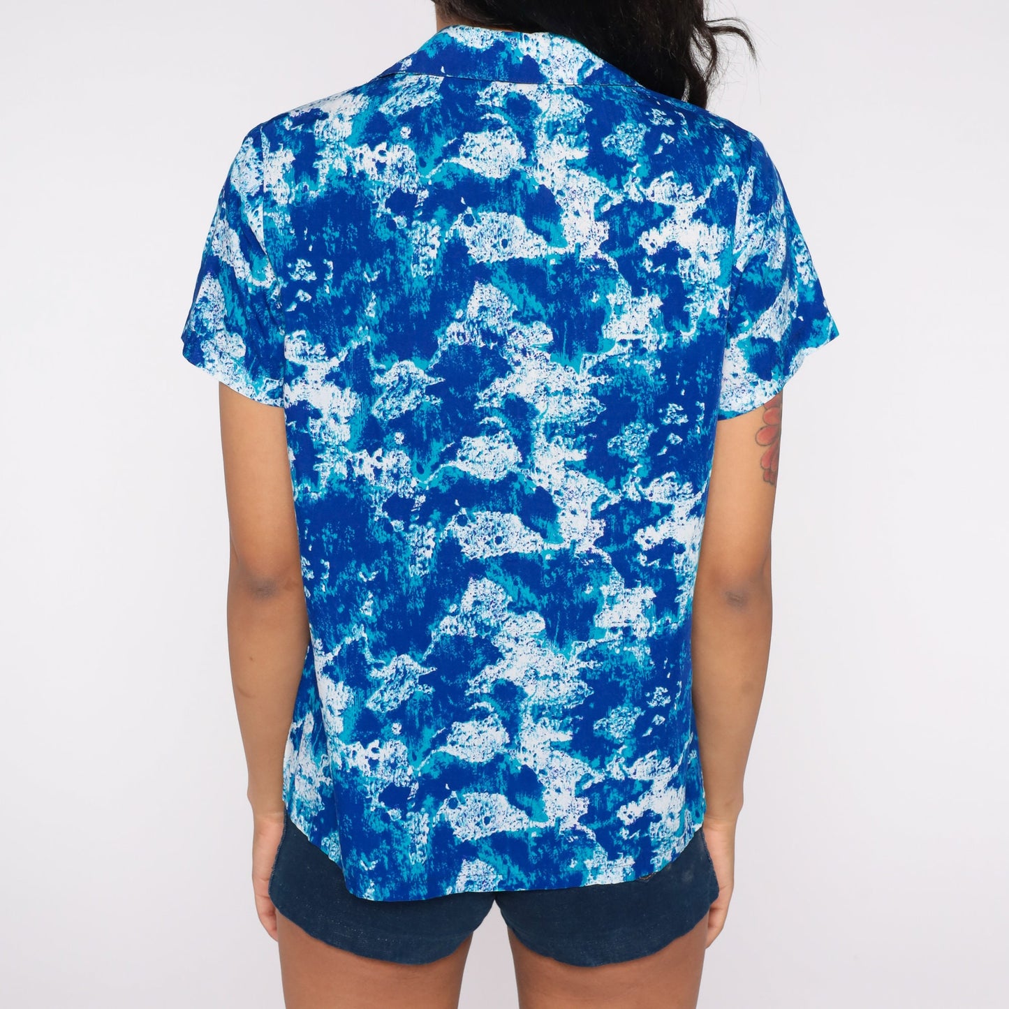 70s Psychedelic Abstract Button Up Blouse Blue Short Sleeve Medium Large