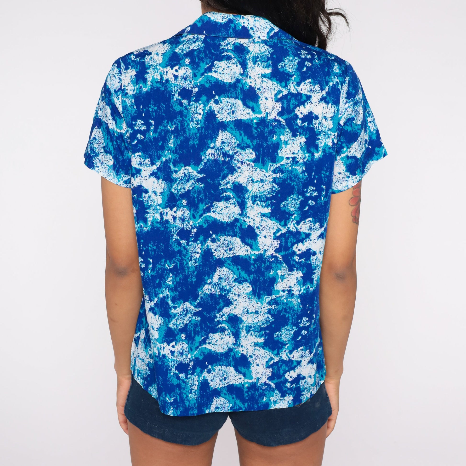70s Psychedelic Abstract Button Up Blouse Blue Short Sleeve Medium Large