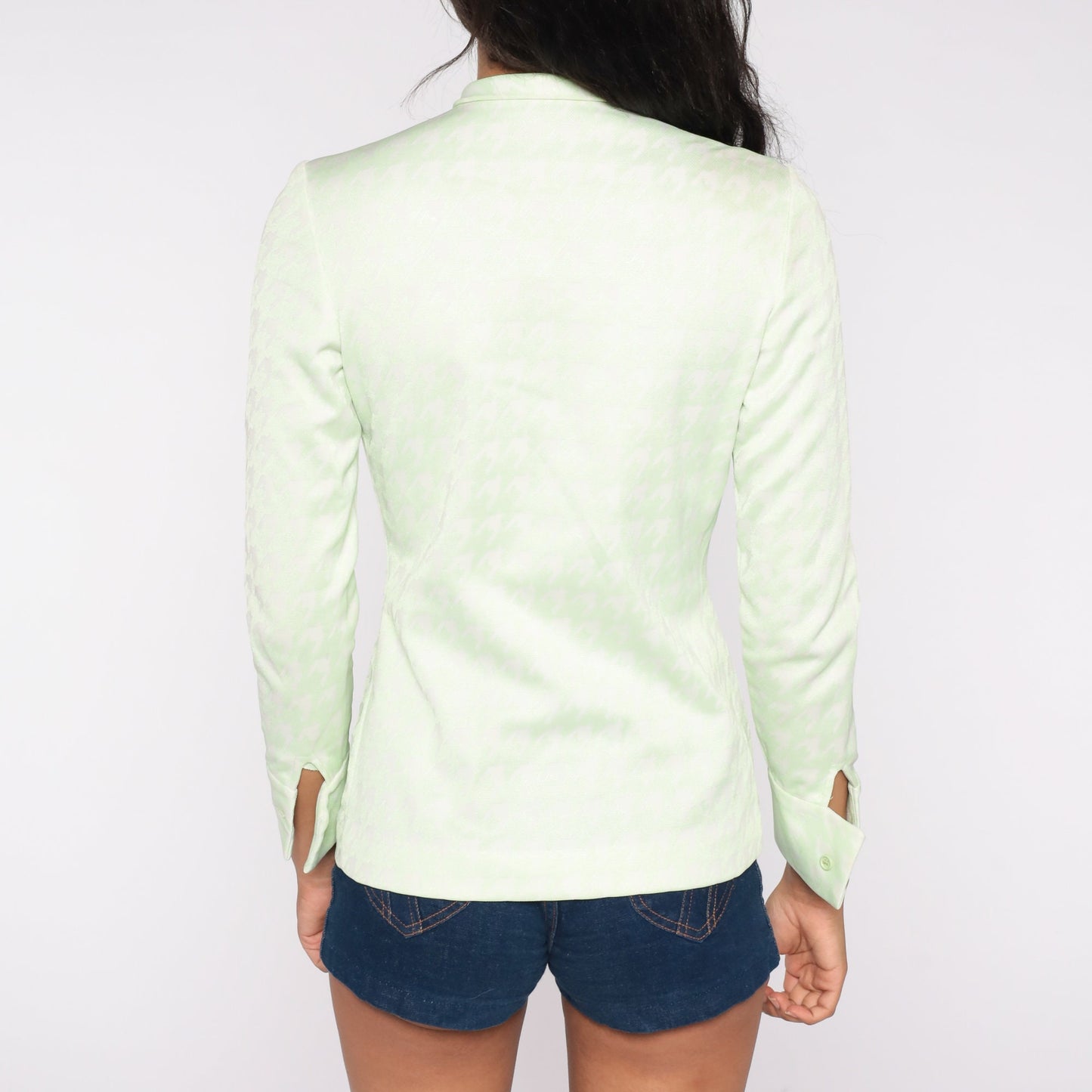 70s Ascot Bow Blouse Pale Green Houndstooth Check Long Sleeve Small