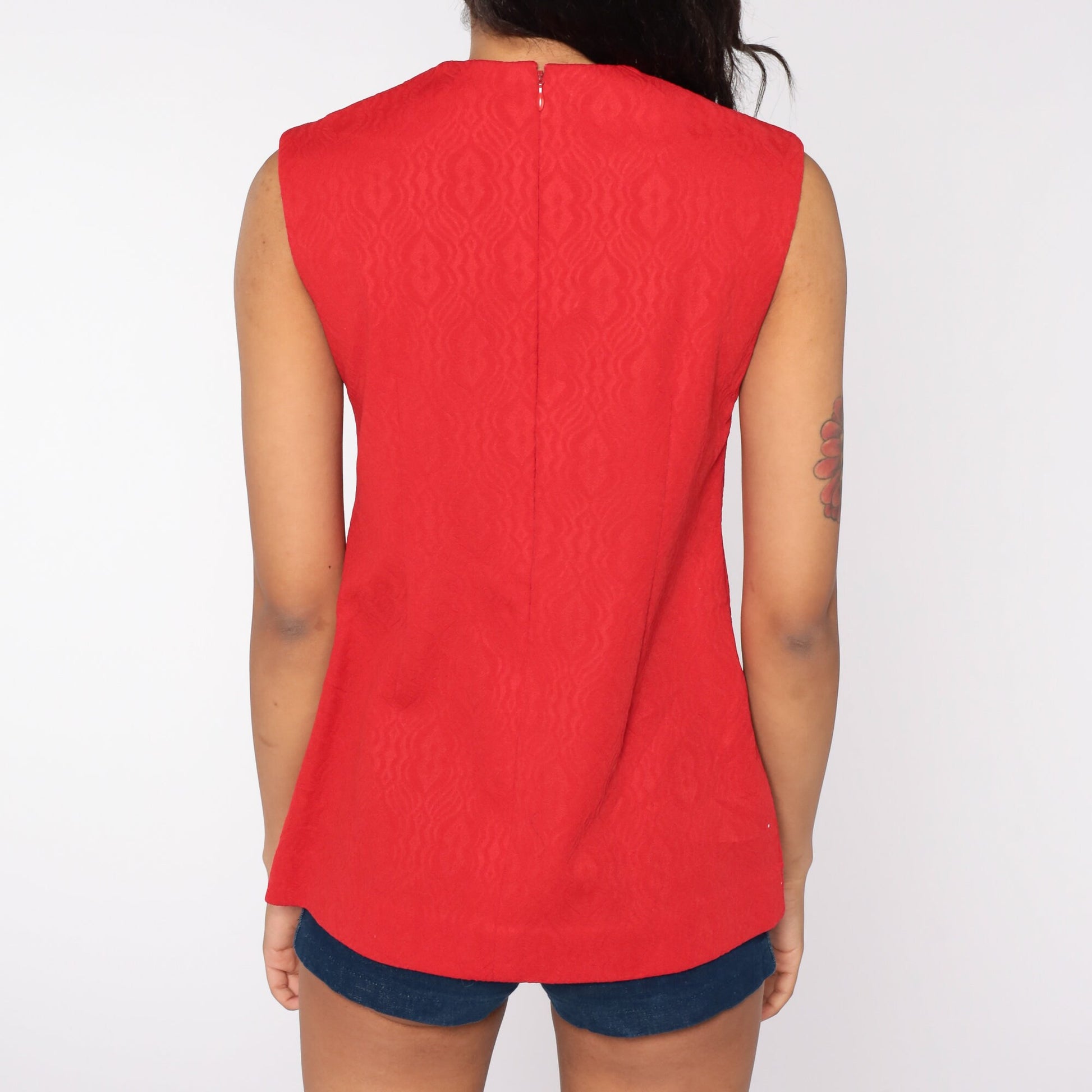70s Red Geometric Embossed Tank Top Pocket Sleeveless Blouse Small