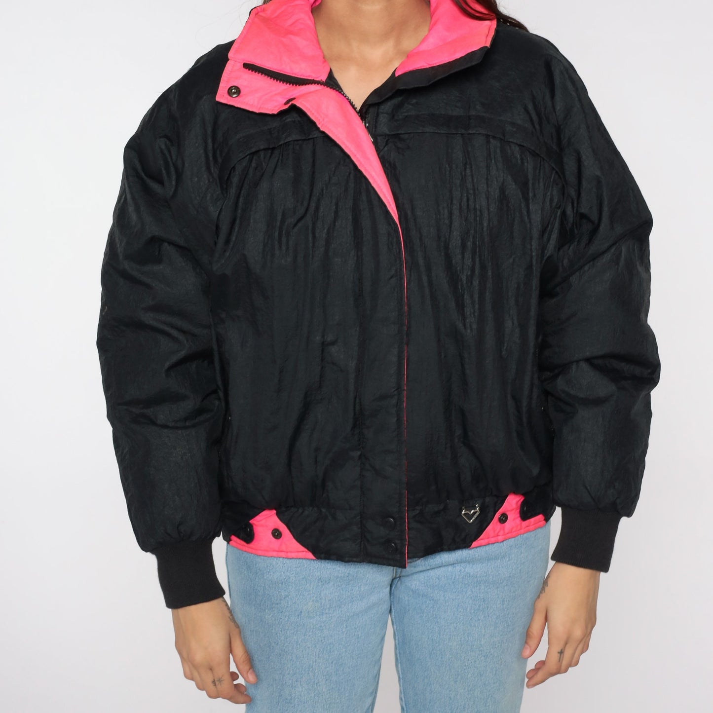 80s Obermeyer Black Puffer Ski Jacket Neon Pink Trim Medium