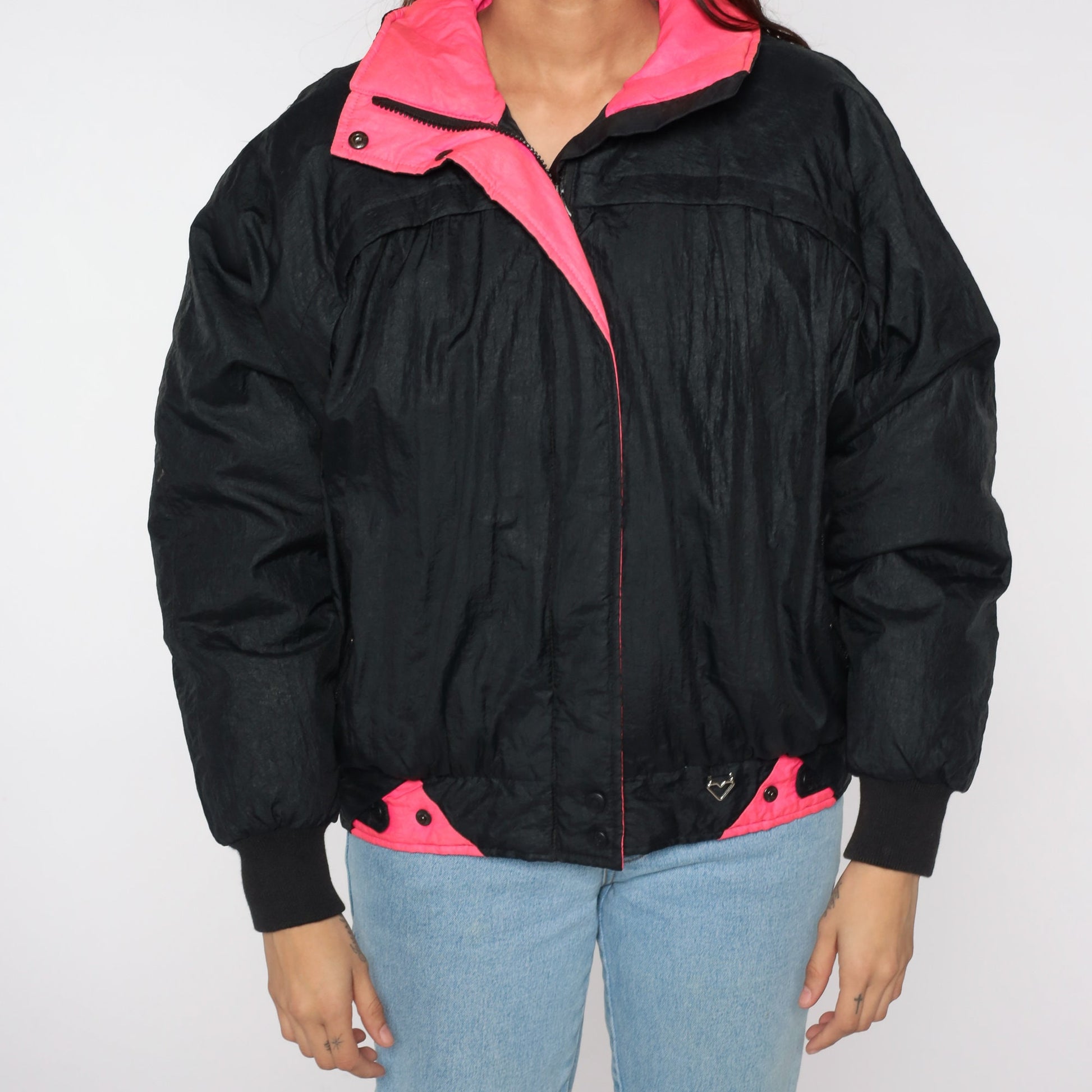 80s Obermeyer Black Puffer Ski Jacket Neon Pink Trim Medium