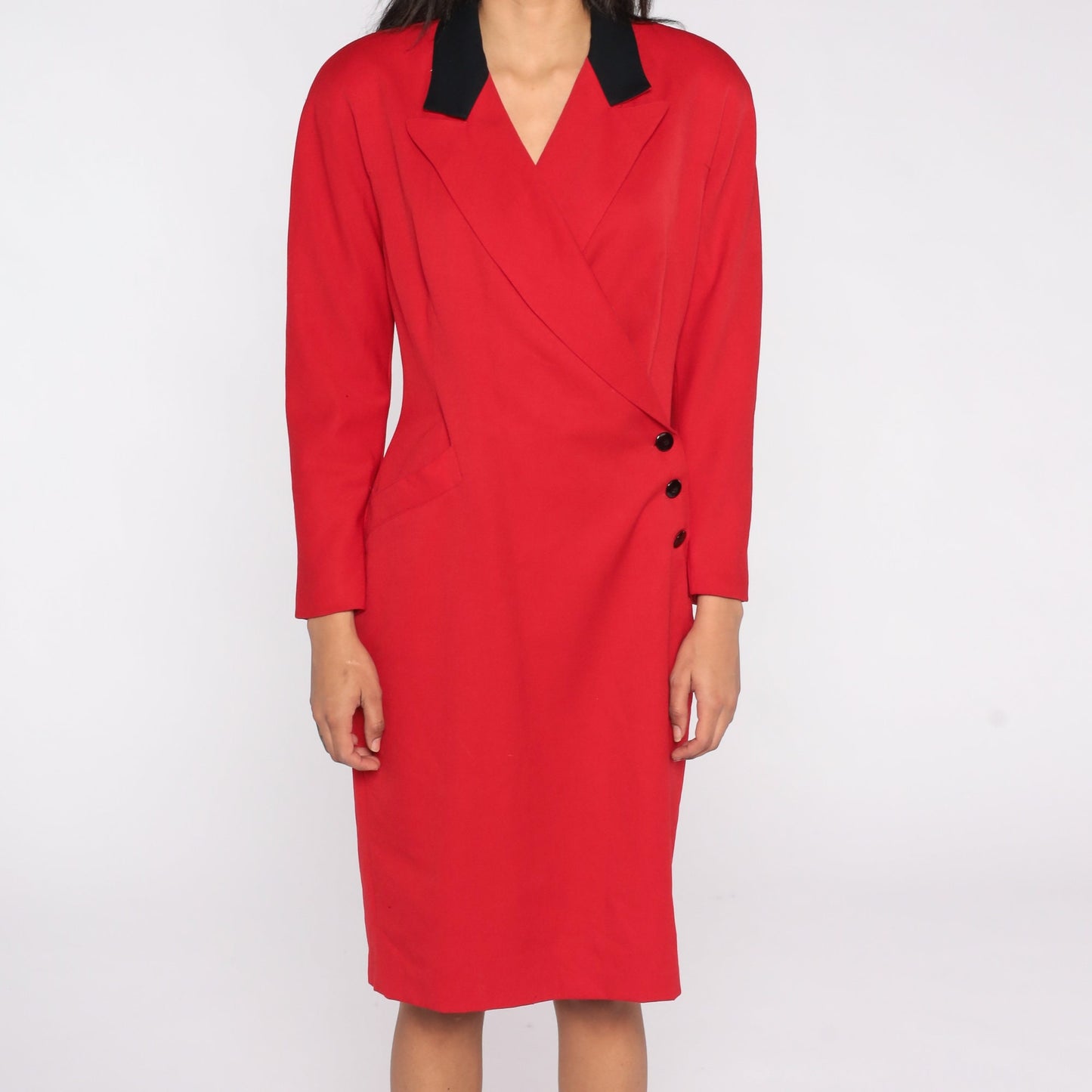 80s Red Wool Wrap Dress High Waist V Neck Midi Long Sleeve Medium 8