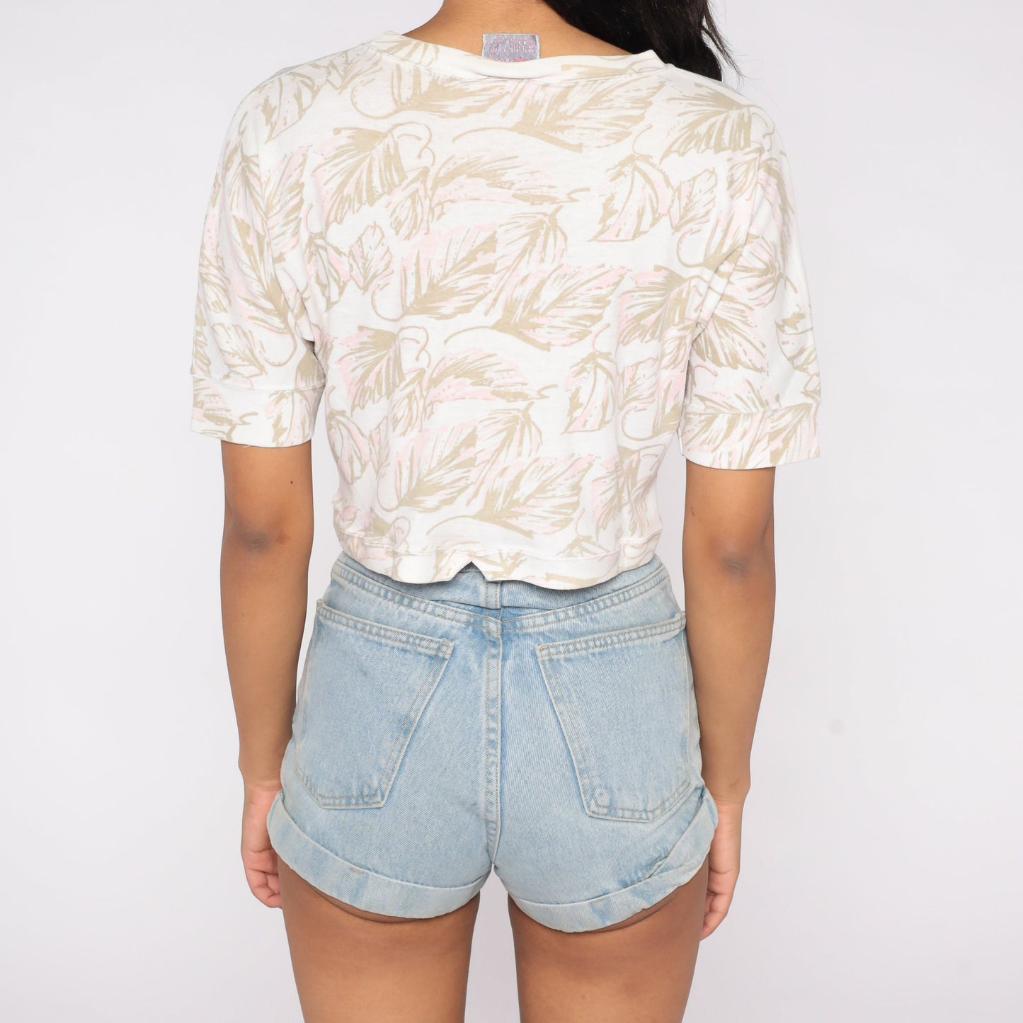 90s Leaf Print Crop Top White Cotton T-Shirt Small S