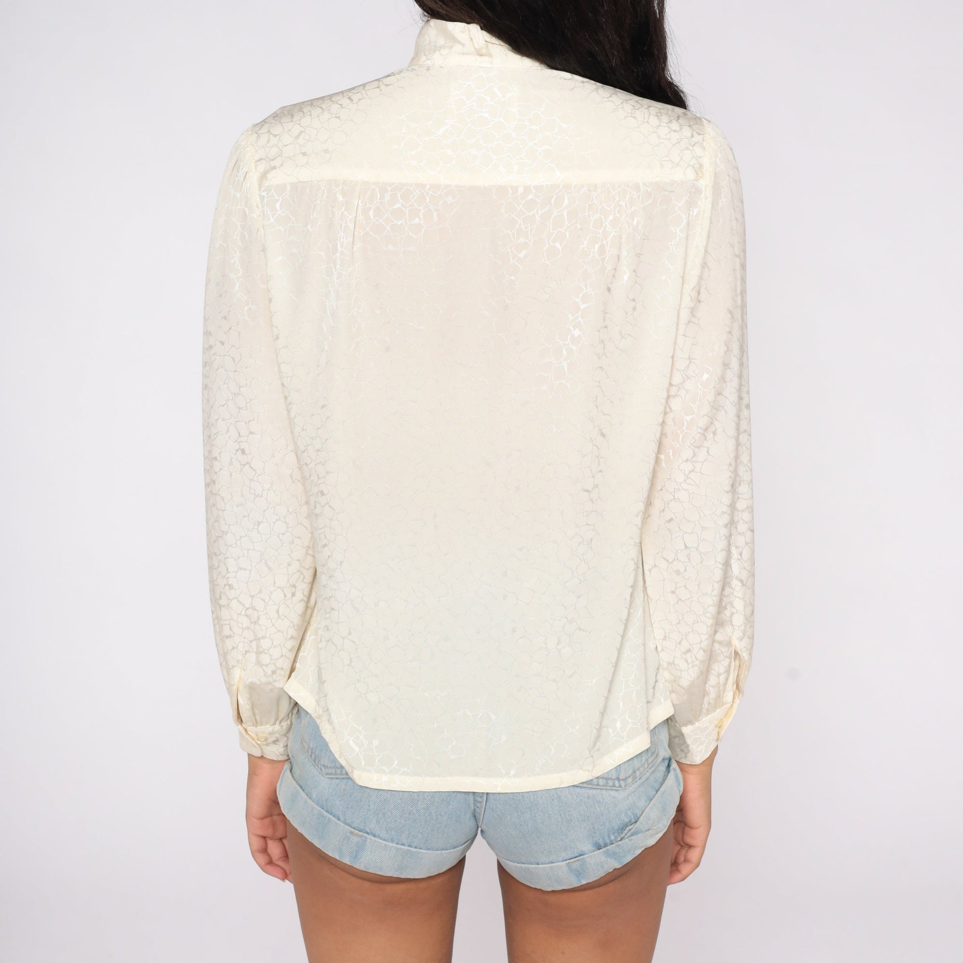 90s Pendleton Cream Button-Up Blouse Mandarin Collar Long Sleeve Medium