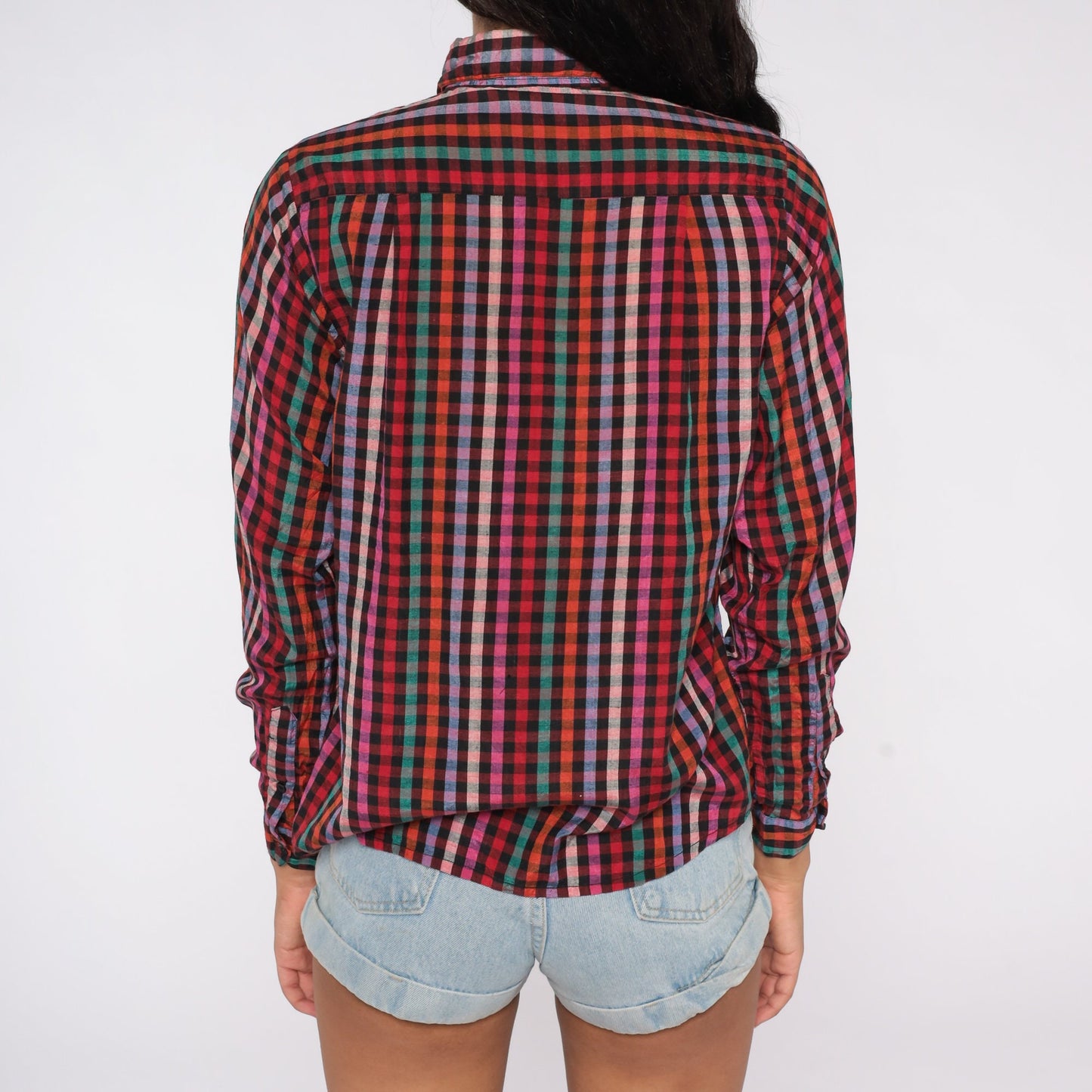 80s Rainbow Checkered Silk Button-Up Blouse Long Sleeve Collared Medium