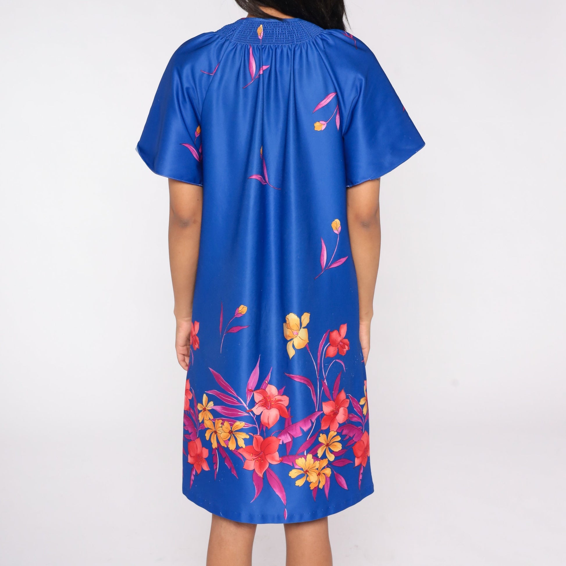 70s Blue Floral Midi Shift Dress Front Zip Lounge Wear Medium