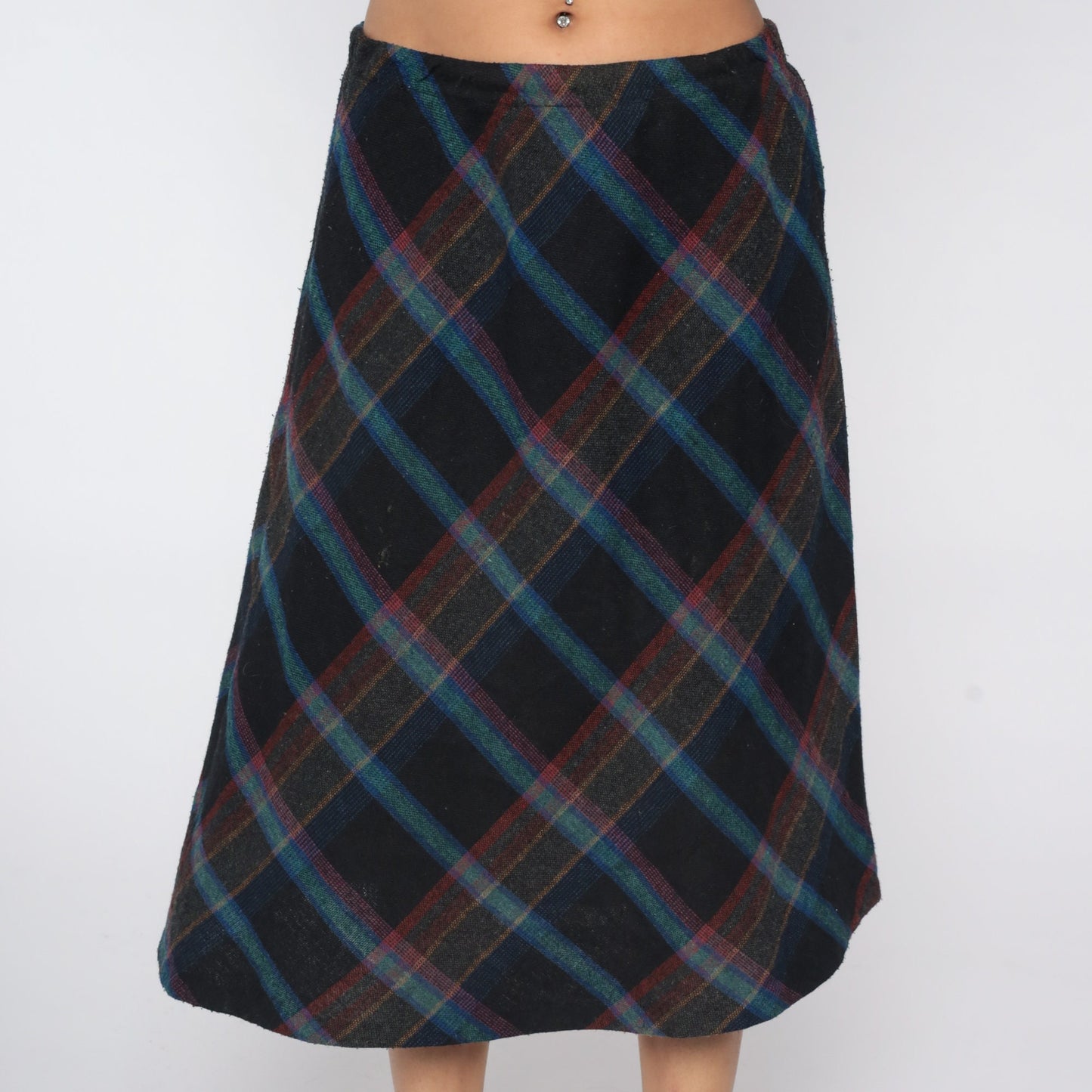 70s Wool Plaid Midi Skirt High Waist Tartan Black Blue Medium Large