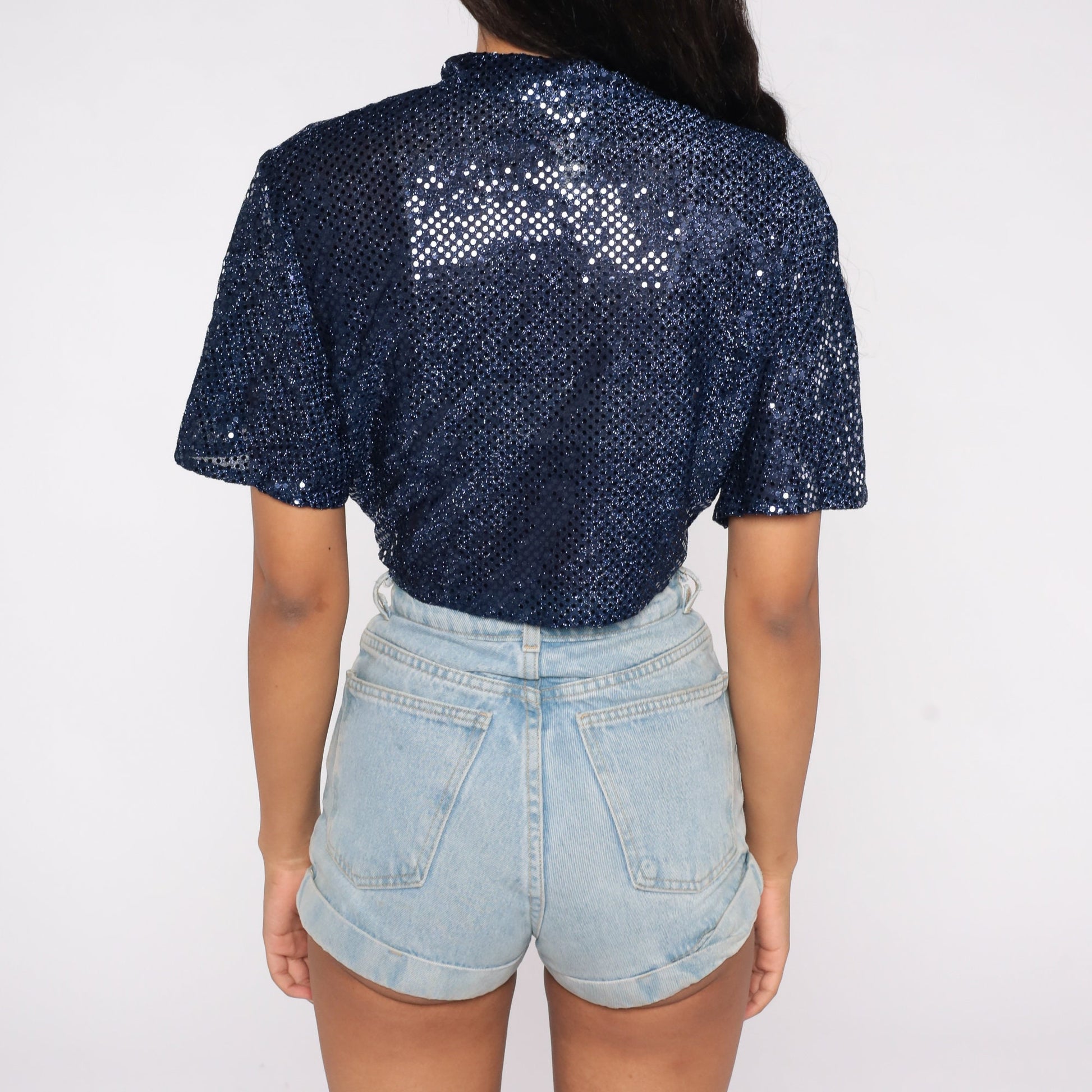 90s Blue Sequin Crop Top Tie Front Short Sleeve Blouse Large