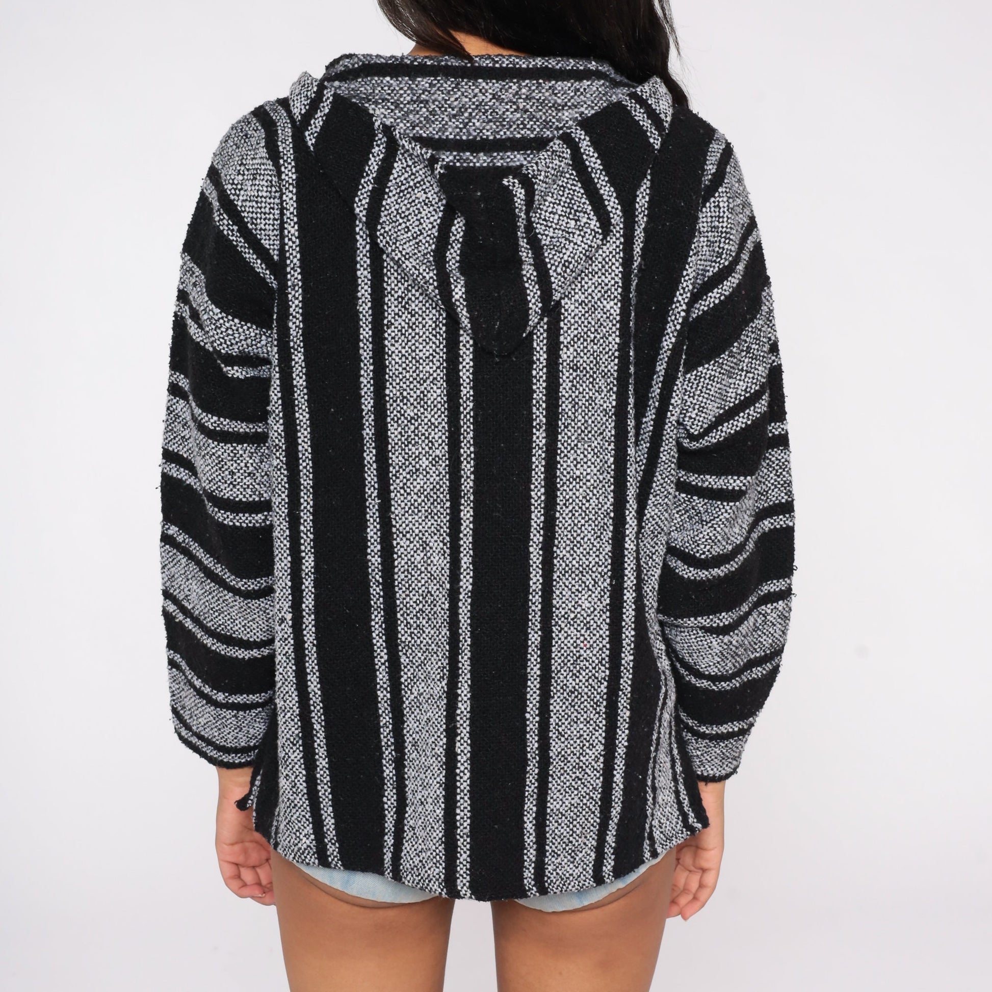 90s Mexican Baja Hoodie Black Grey Striped Kangaroo Pocket Large