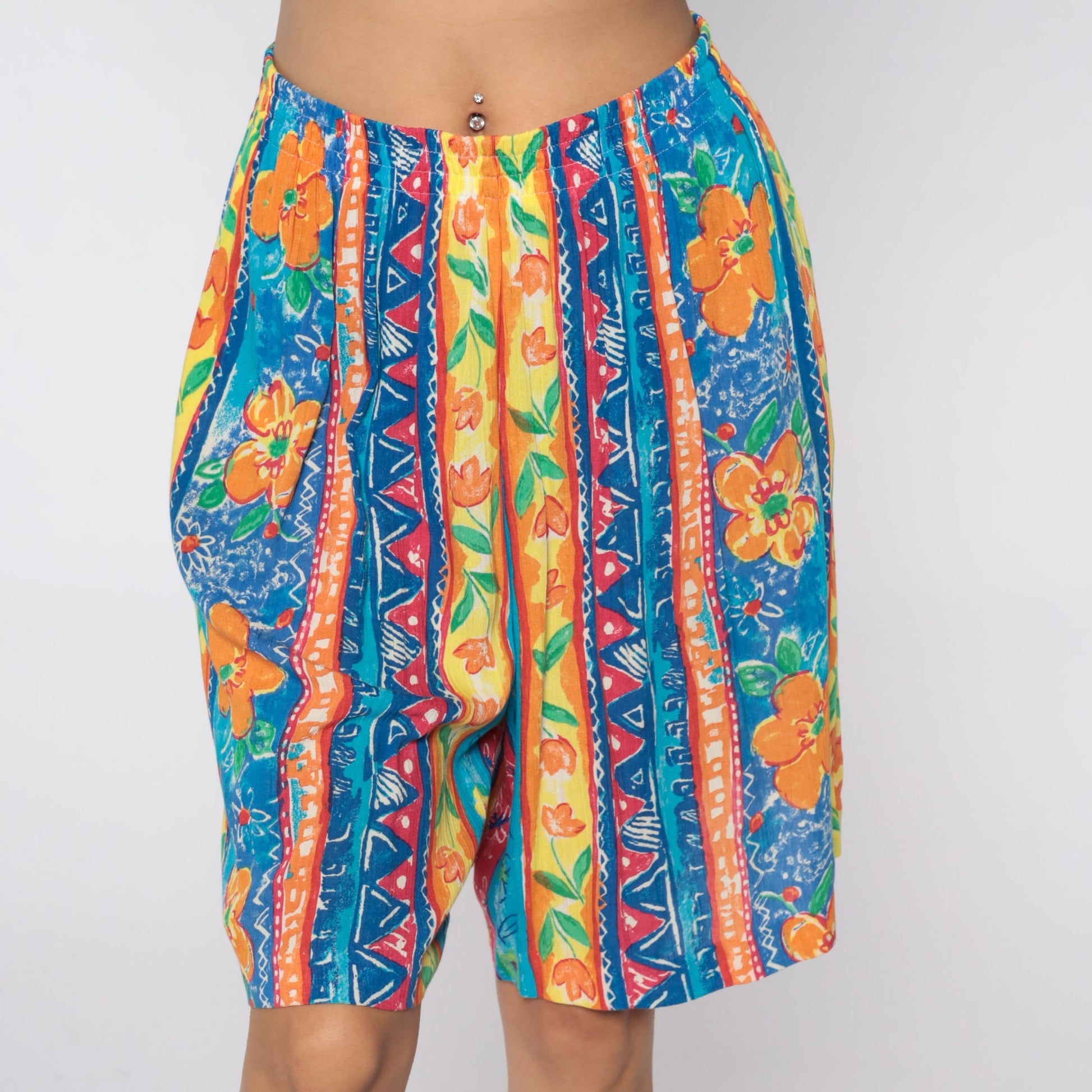 80s Floral High-Waist Shorts Tropical Print Elastic Waist Large L