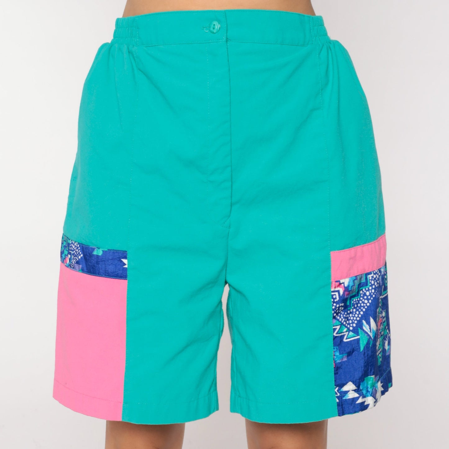 80s Colour Block Turquoise High-Waisted Shorts Pink Large L