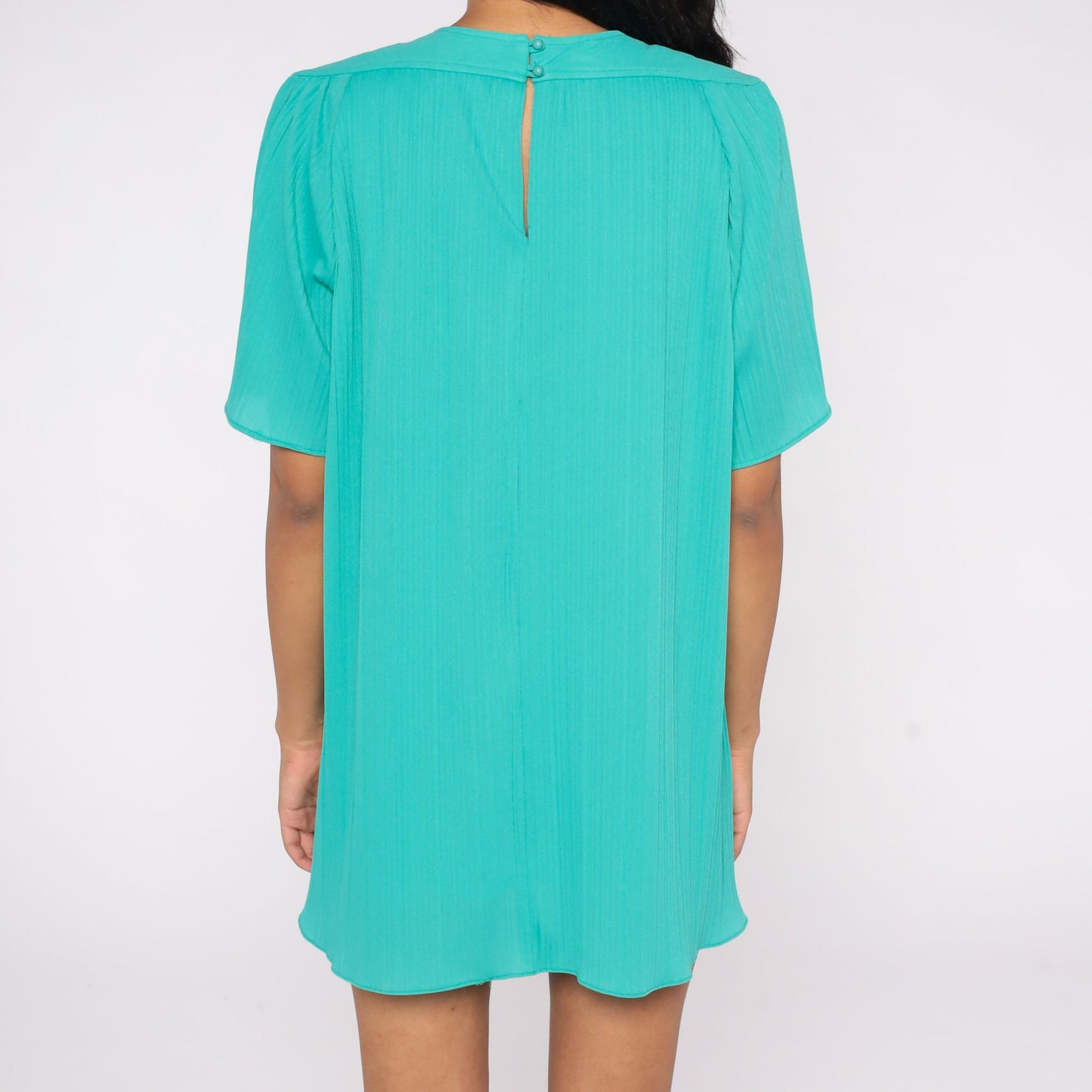 70s Teal Tent Mini Dress Pleated Flutter Sleeve Keyhole Back Large L