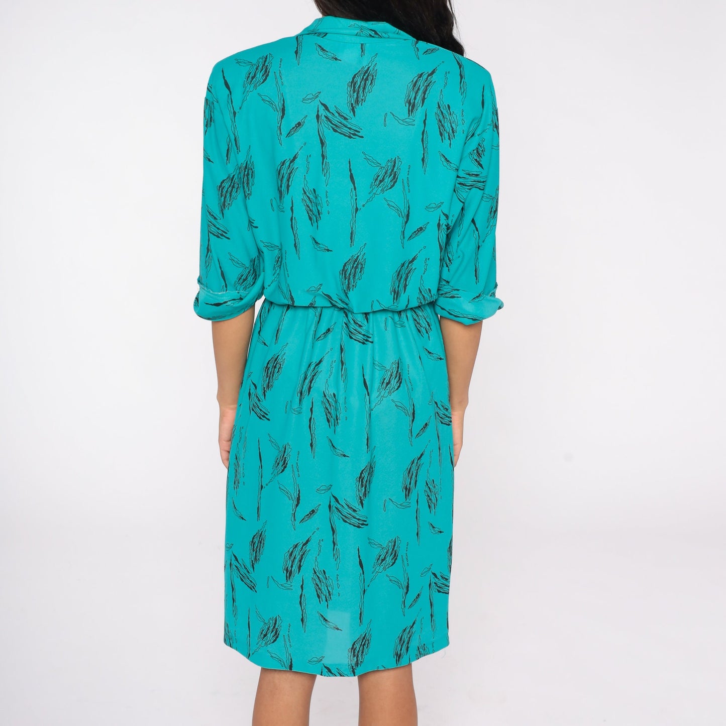 80s Abstract Print Shirt Dress Midi Double Breasted High Waist Teal Medium M
