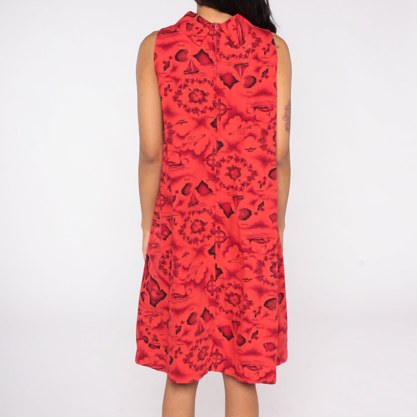 70s Hawaiian Tropical Print Shift Dress Red Floral Island Cotton Large L