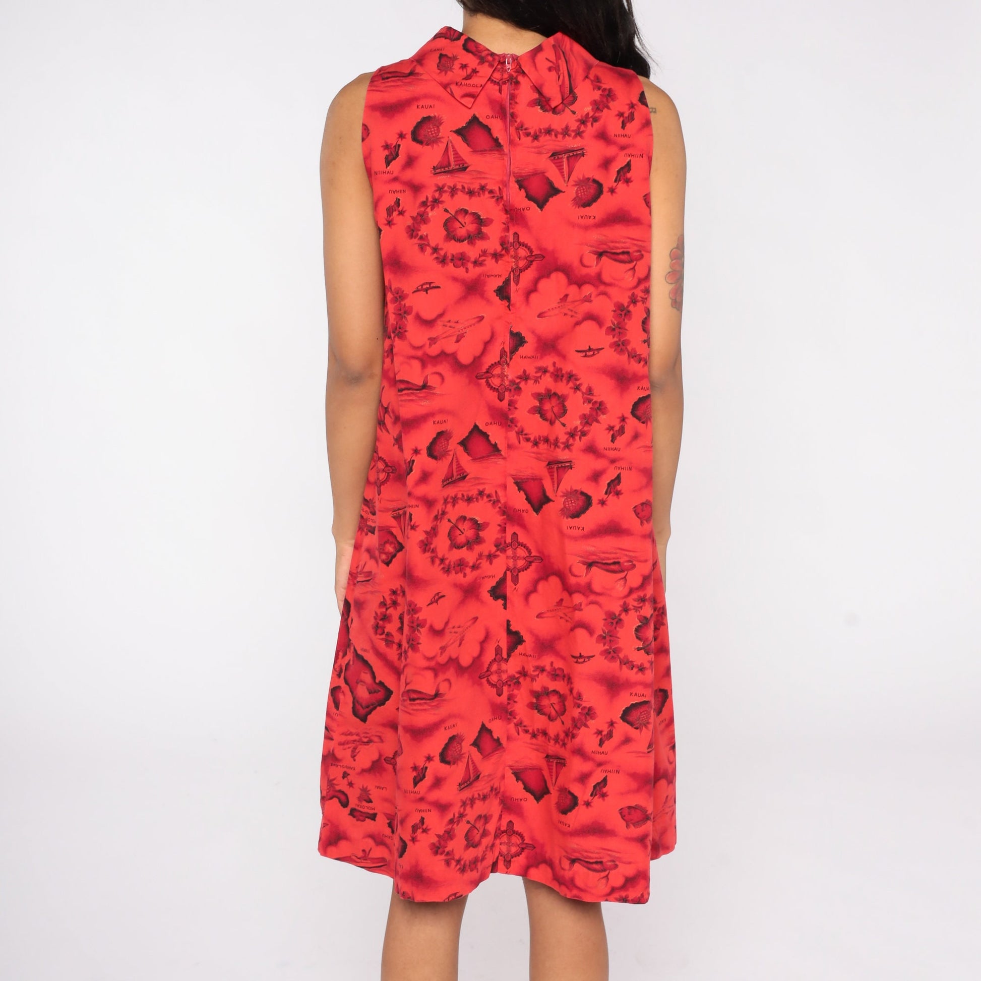 70s Hawaiian Tropical Print Shift Dress Red Floral Island Cotton Large L