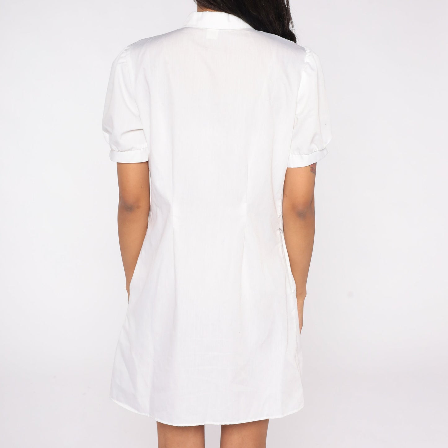 80s White Mini Dress Puff Sleeve Collar Floral Embroidered Button-Up Medium M