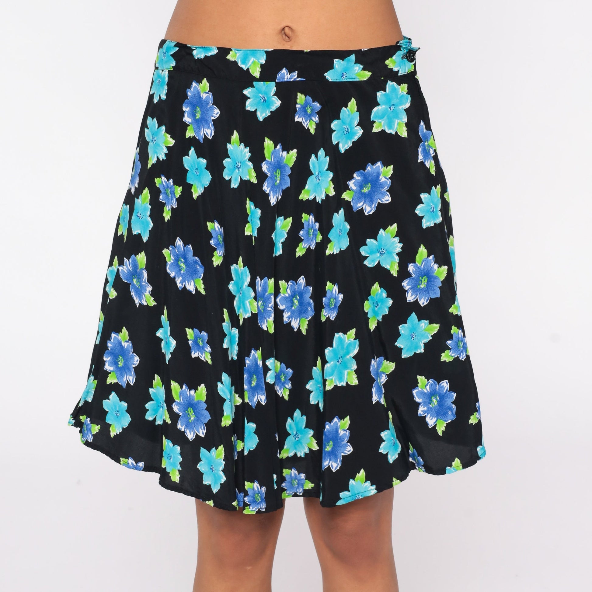 90s Floral Mini Skirt Black Blue Flower Print Rayon Medium