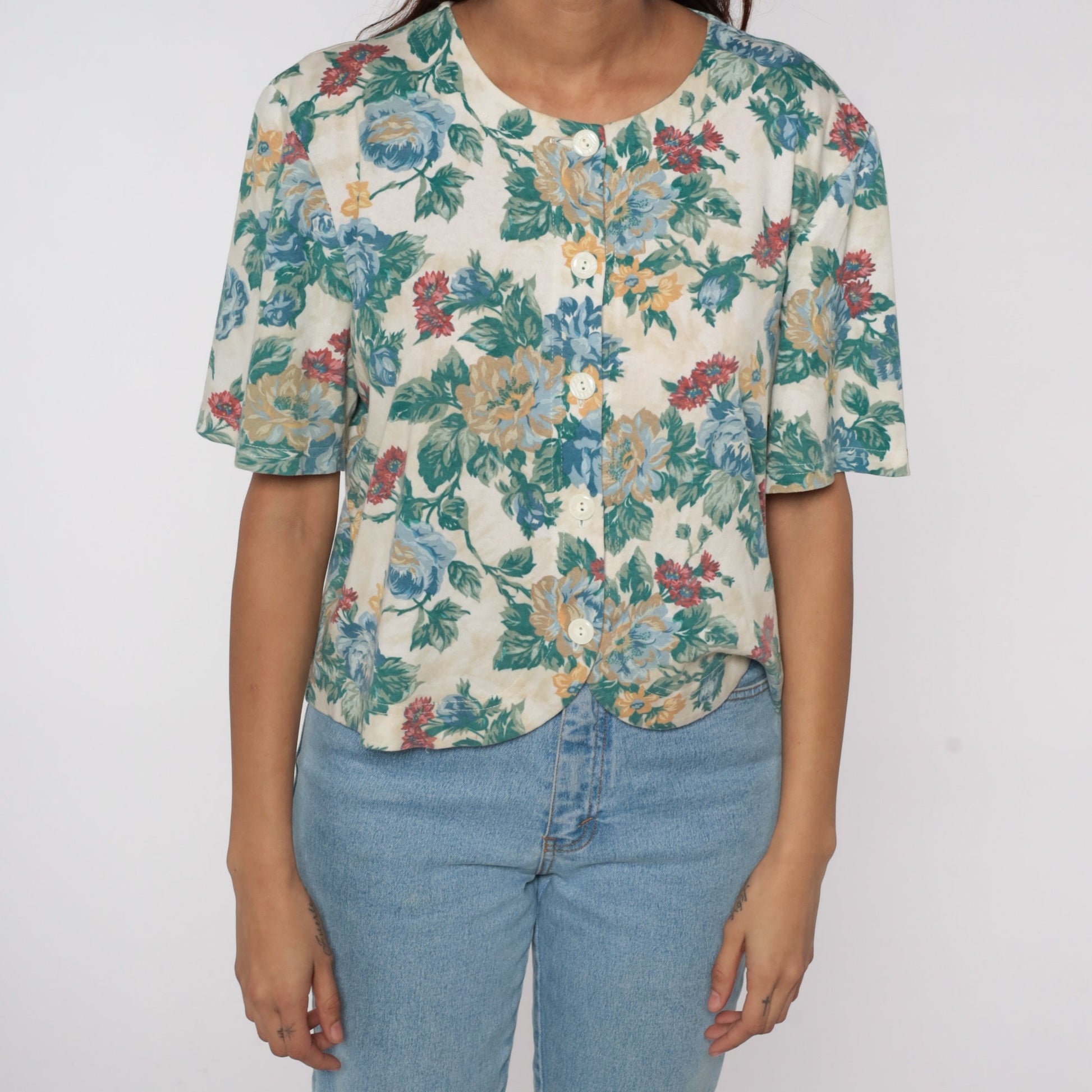 80s Floral Button-Up Blouse Short Sleeve Off-White Green Vintage Shirt Medium