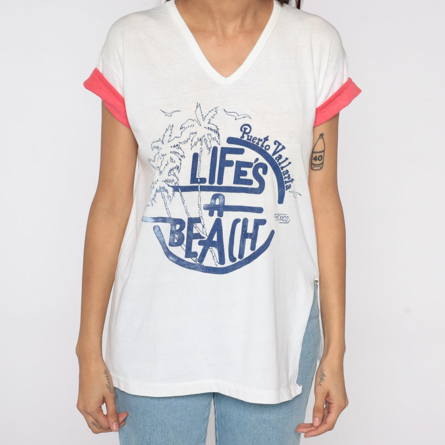 80s Puerto Vallarta Mexico Graphic T-Shirt Life's A Beach Palm Tree Medium