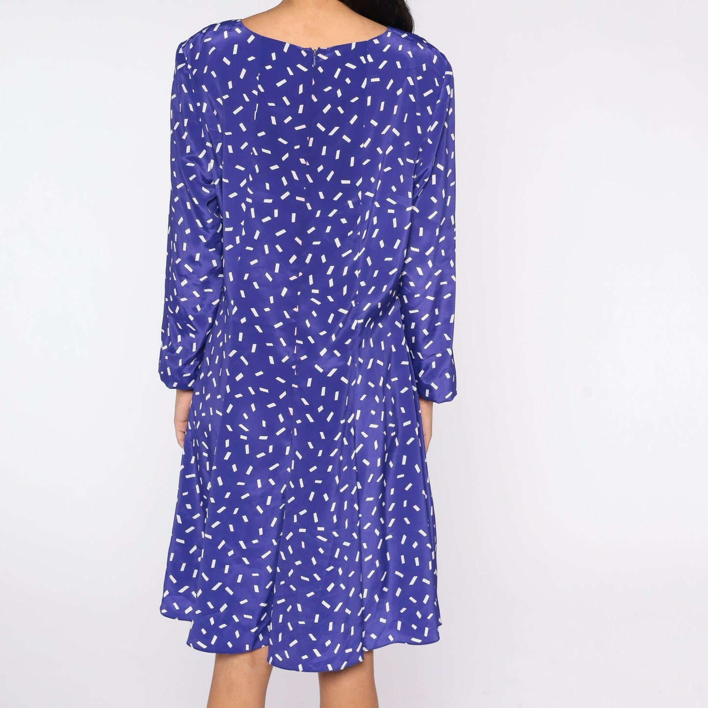 80s Purple White Confetti Print A-Line Dress Long Sleeve Knee Length Large