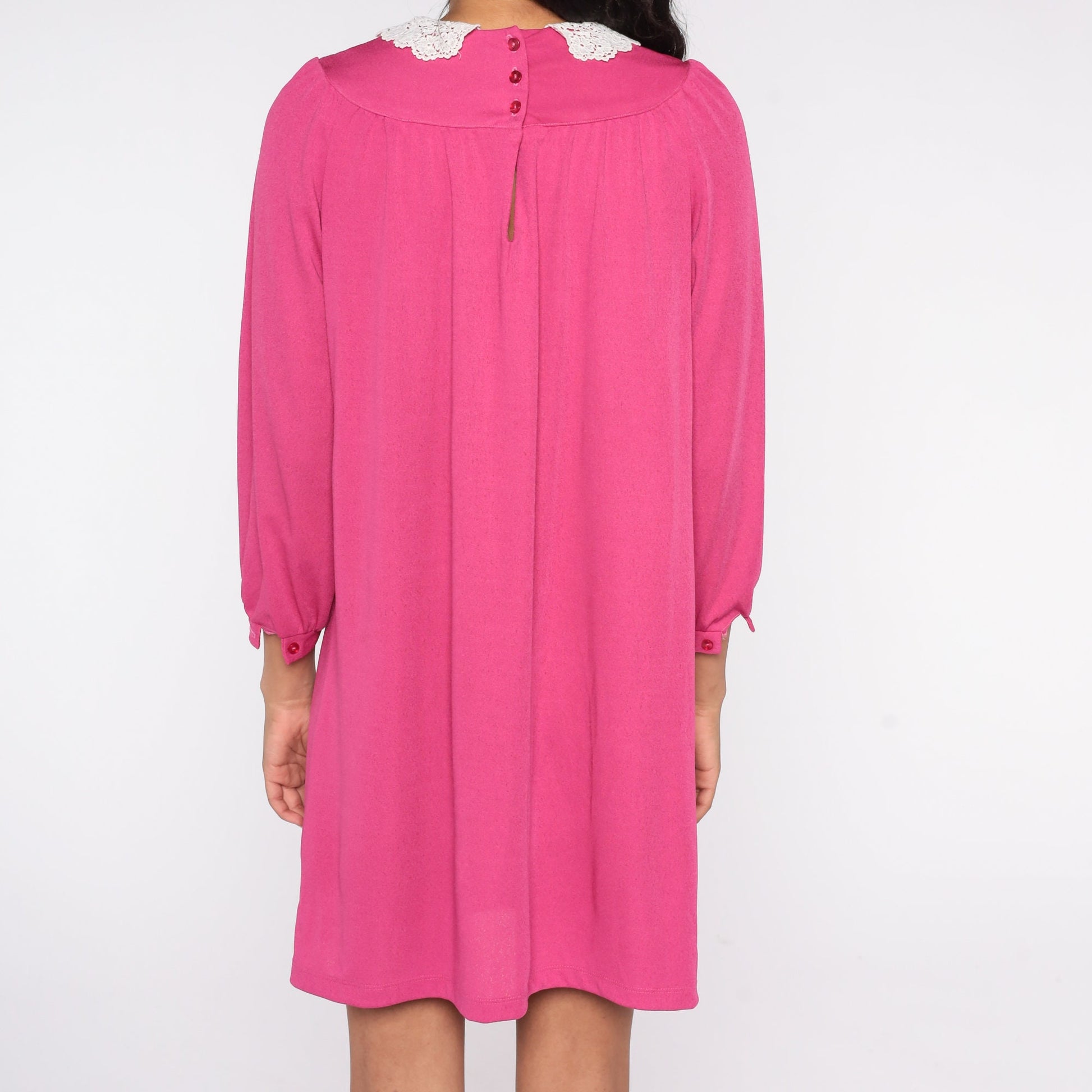 80s Pink Mini Dress Long Sleeve Lace Collar Tent Cut Medium M