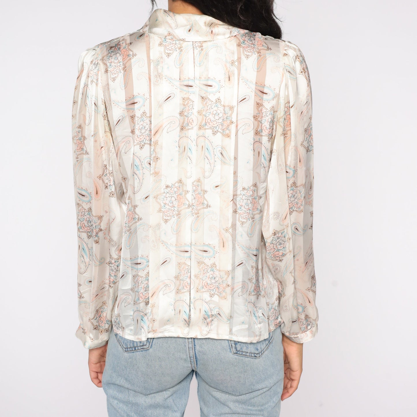 80s Striped Paisley Button Up Shirt Cream Tan Long Sleeve Collared Blouse Small