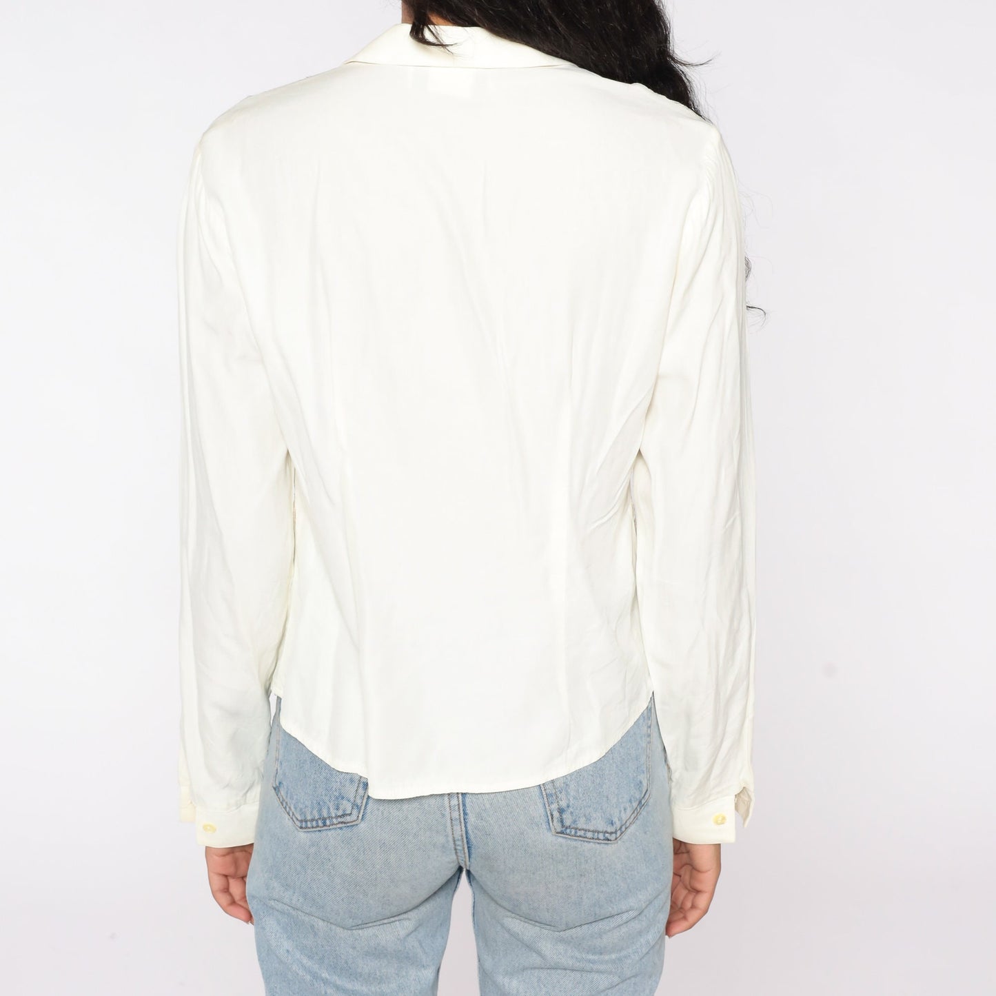 90s Off-White Blouse with Attached Floral Lace Vest Long Sleeve Medium M