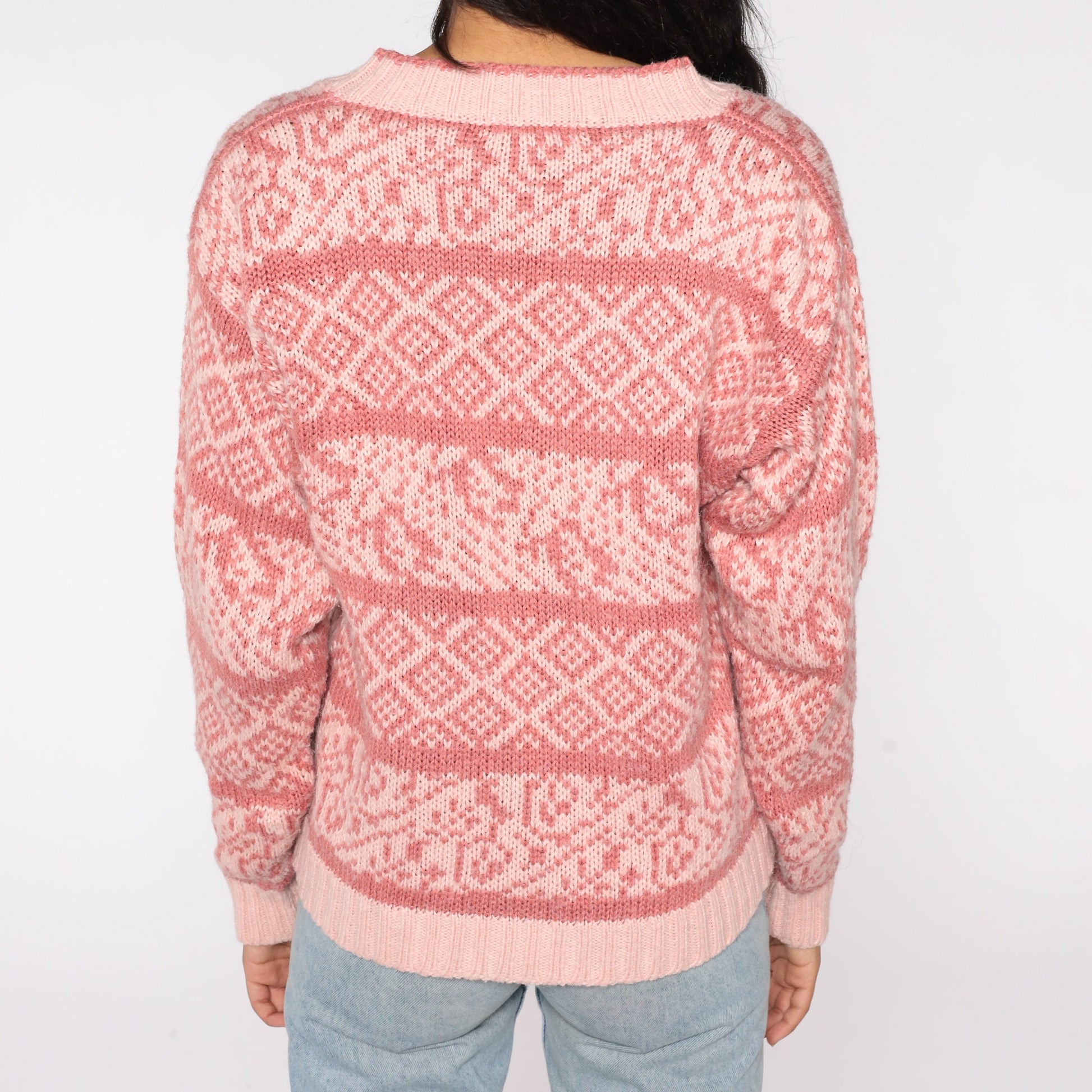 80s Pink Geometric Striped V-Neck Pullover Sweater Large