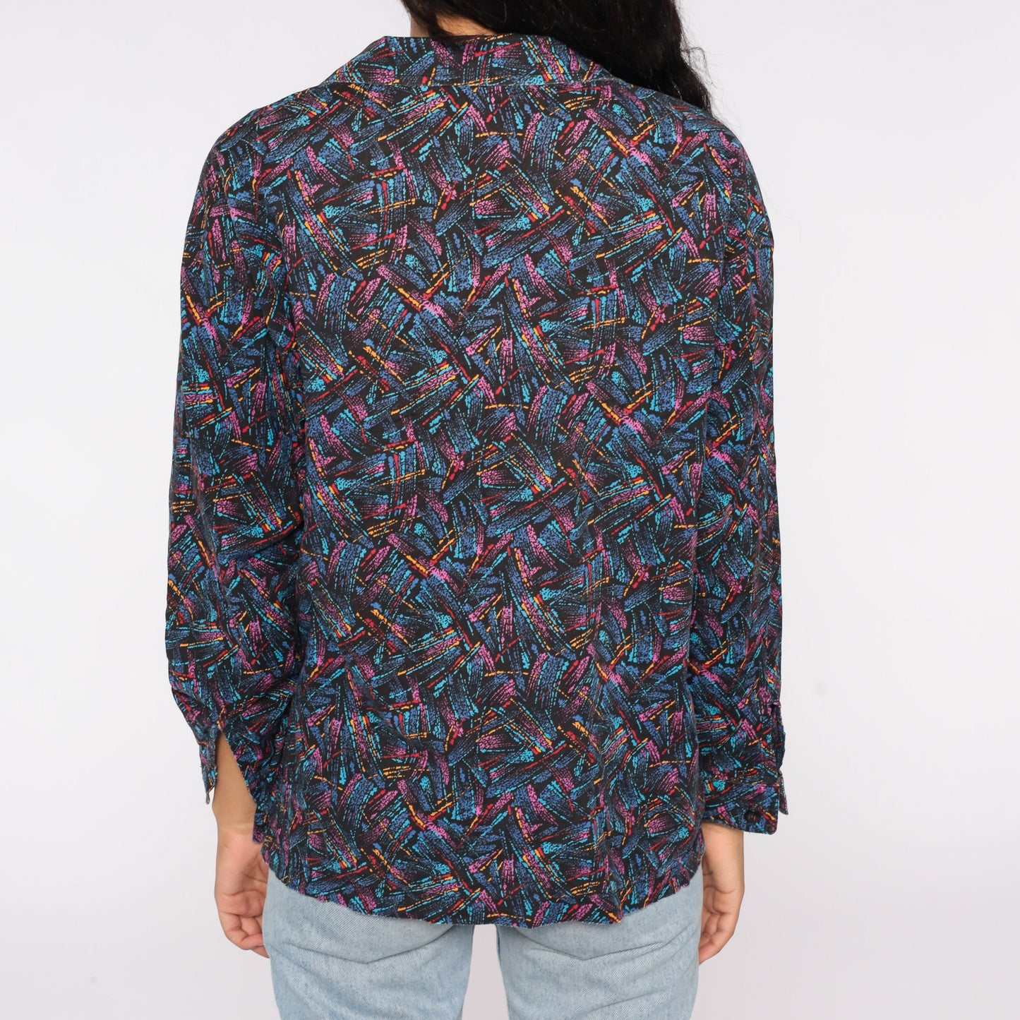 90s Abstract Brushstroke Button-Up Blouse Blue Pink Long Sleeve Medium Large