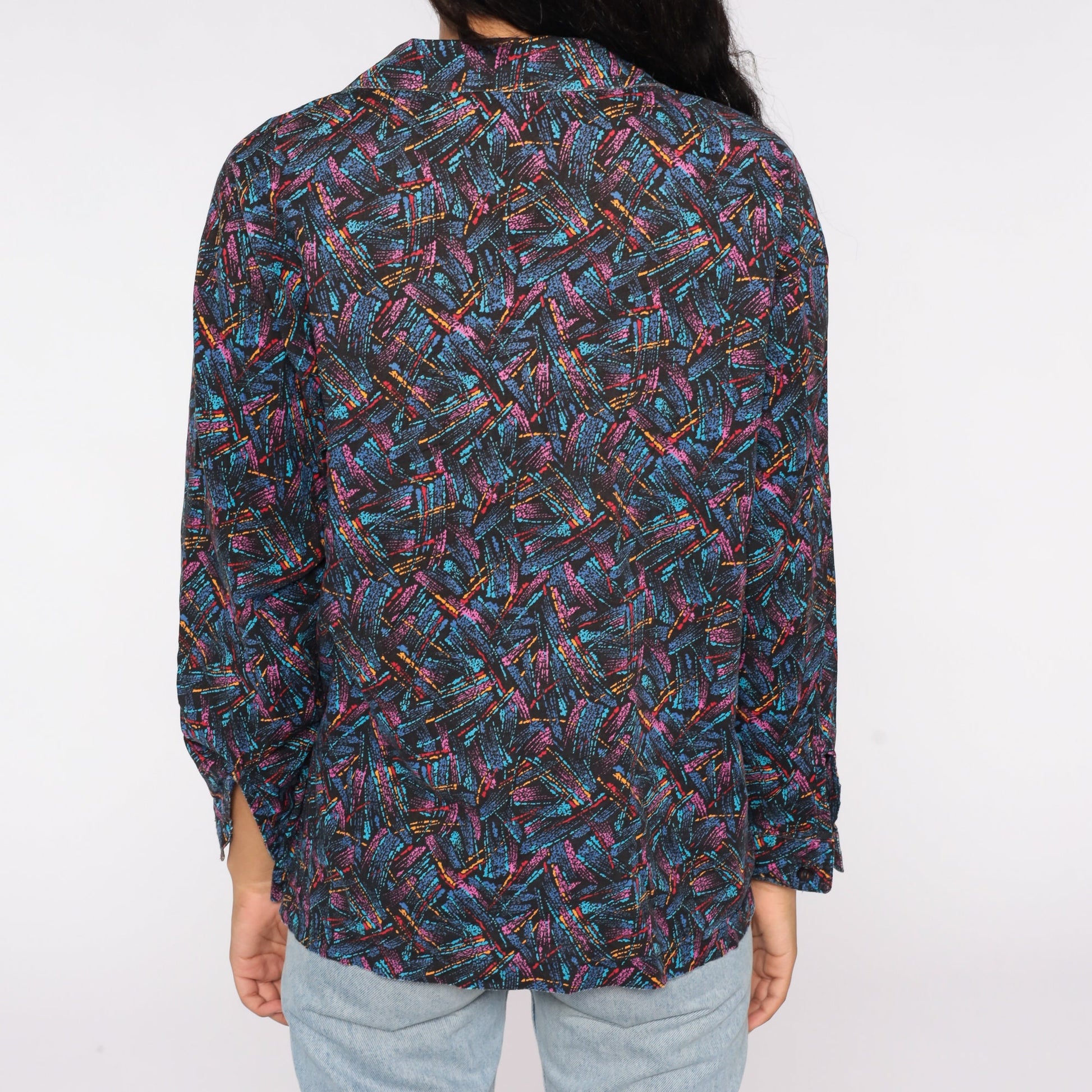 90s Abstract Brushstroke Button-Up Blouse Blue Pink Long Sleeve Medium Large