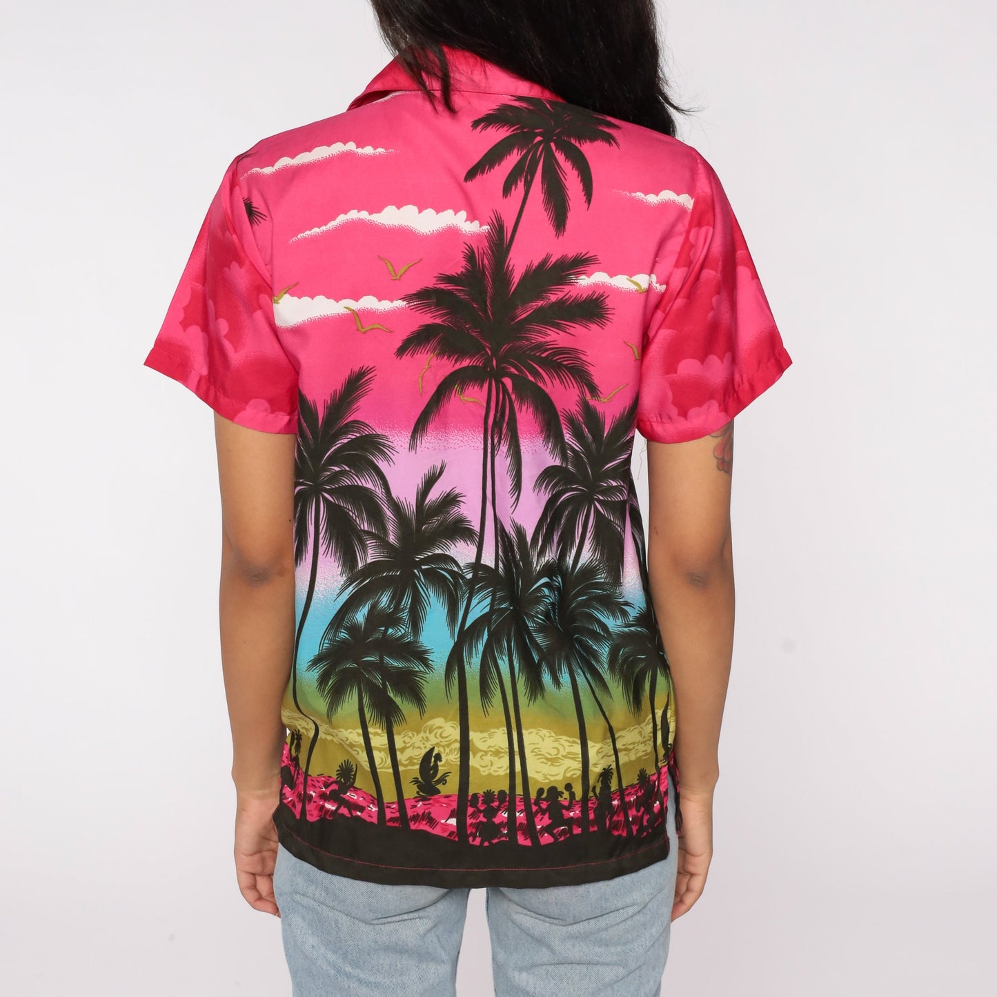 80s Hawaiian Tropical Button Up Shirt Palm Tree Sunset Print Pink Blue Small