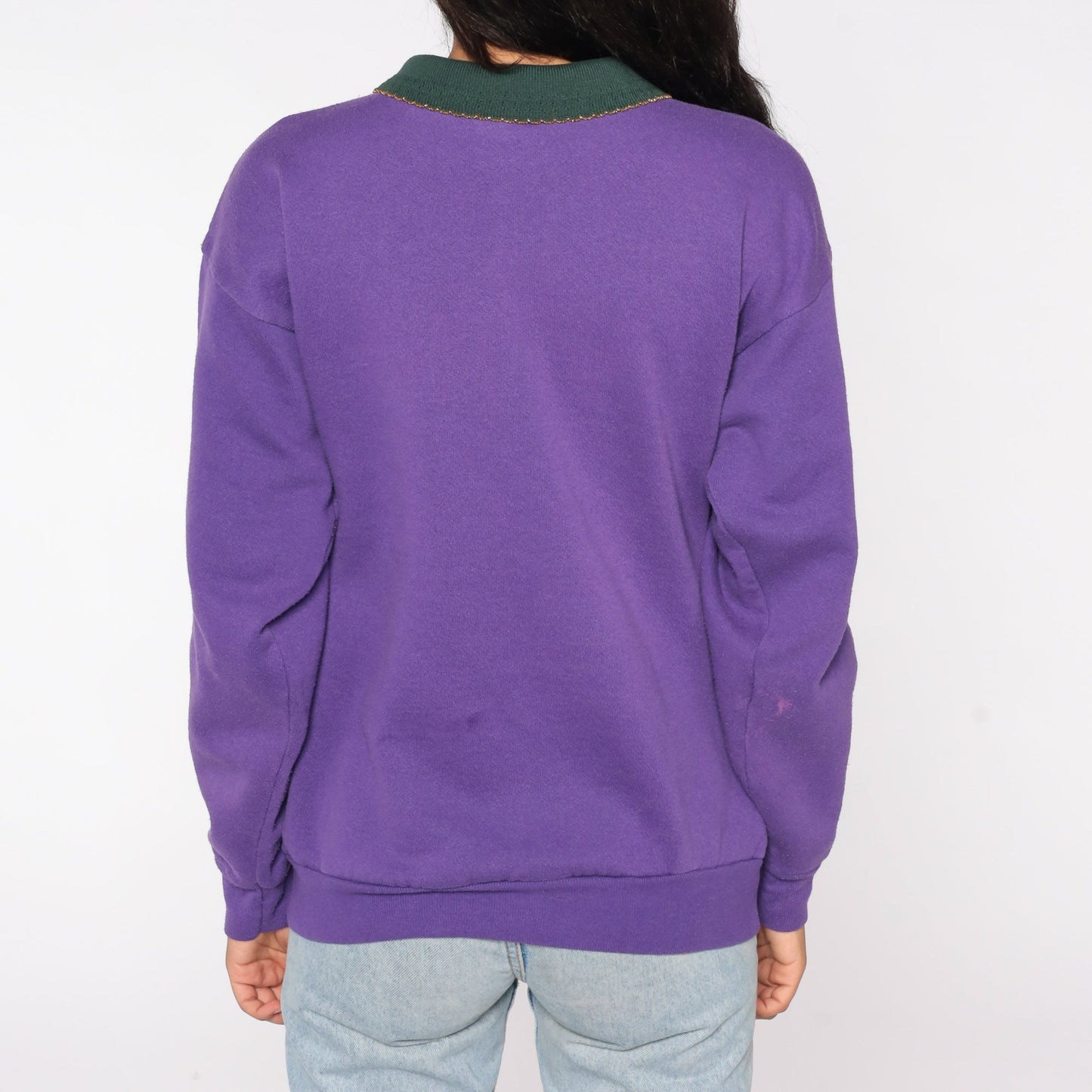 80s Cherub Fruit Oil Painting Collared Sweatshirt Purple Graphic Large L