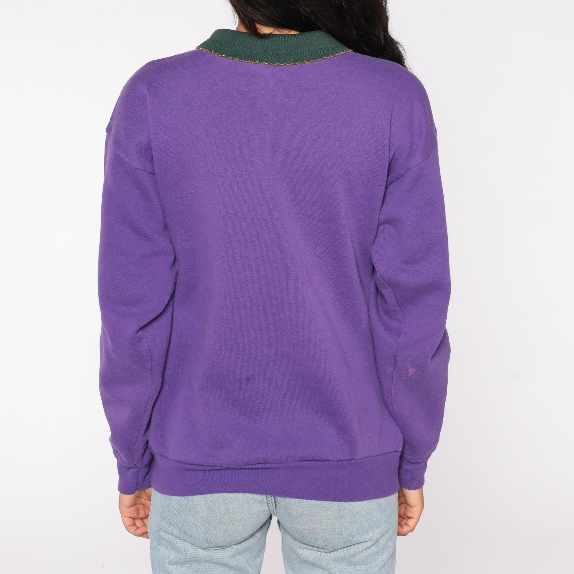 80s Cherub Fruit Oil Painting Collared Sweatshirt Purple Graphic Large L