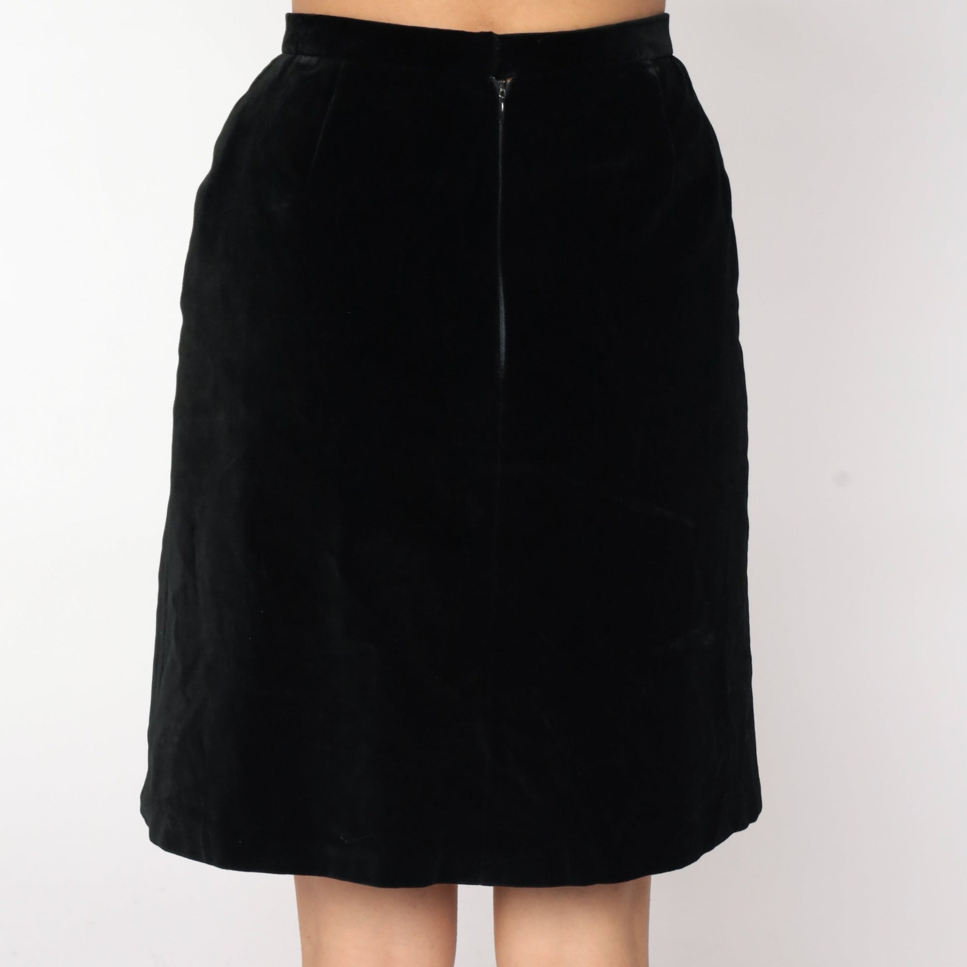 80s Black Velvet Pencil Mini Skirt High Waist Small S