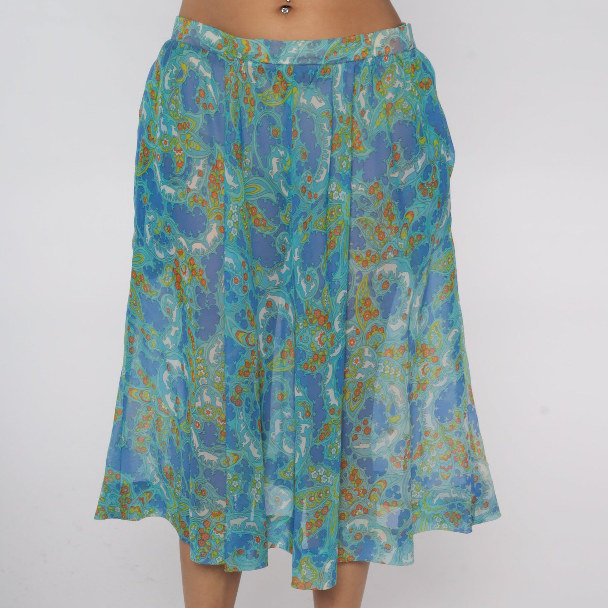 70s Psychedelic Floral Animal Print Midi Skirt Blue Extra Large XXL