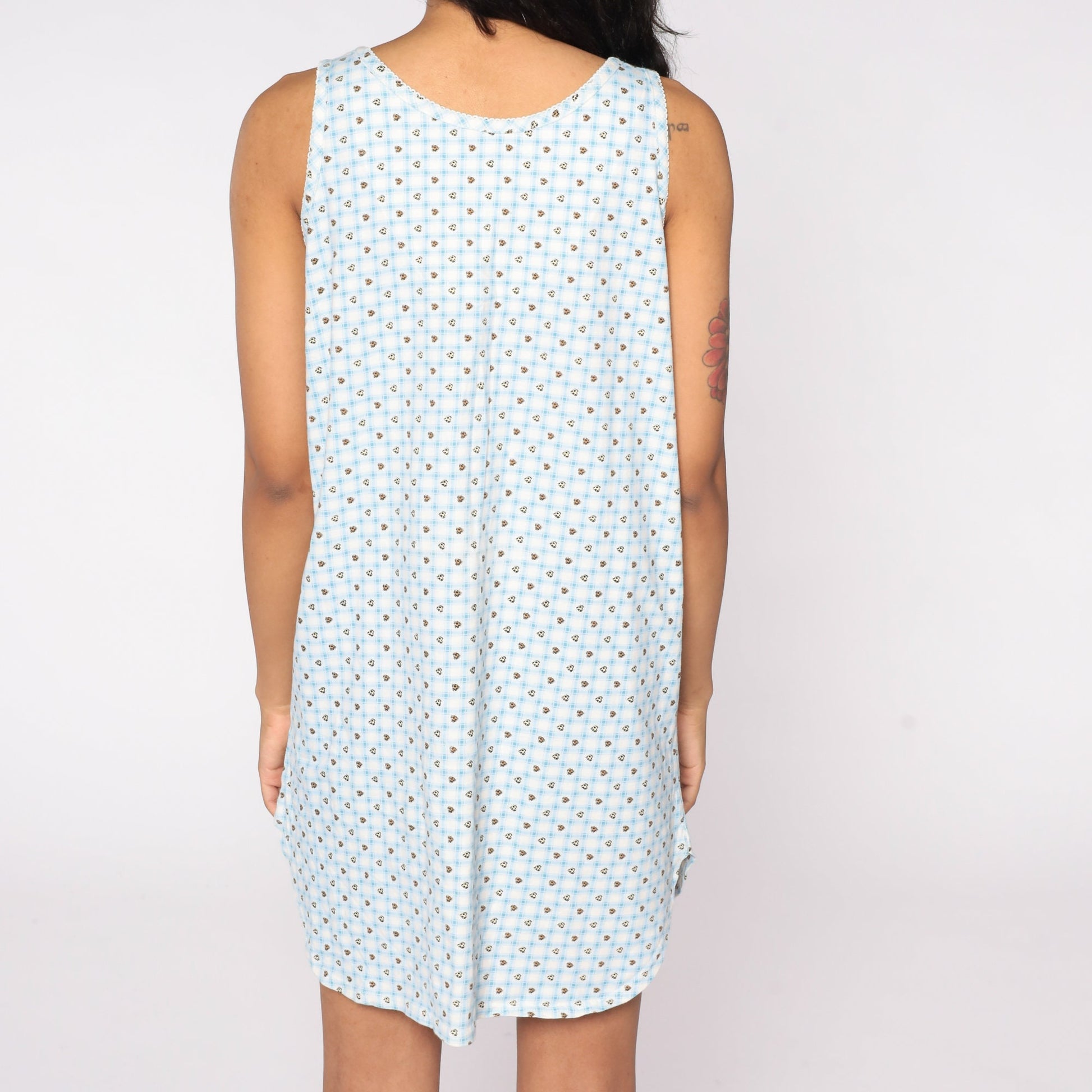 90s Checkered Heart Print Nightgown Blue White Plaid Sleeveless Button-Up Large