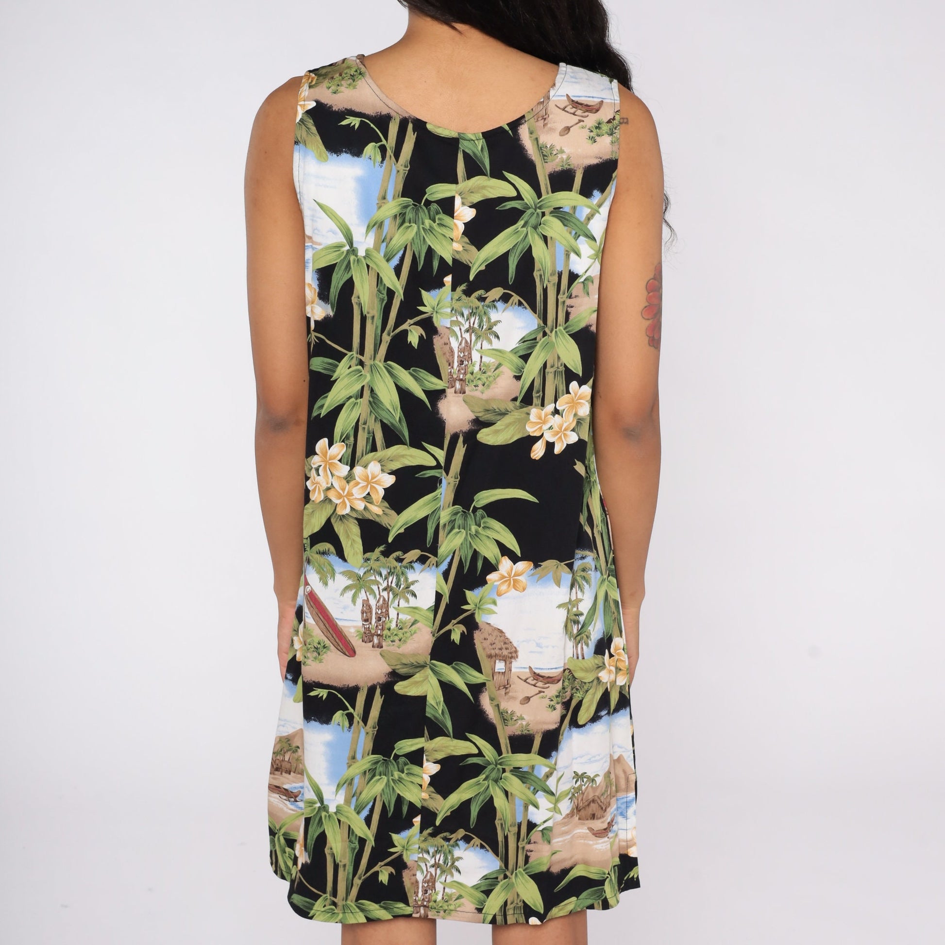 Y2K Black Hawaiian Print Mini Dress Sleeveless Shift Sundress Medium